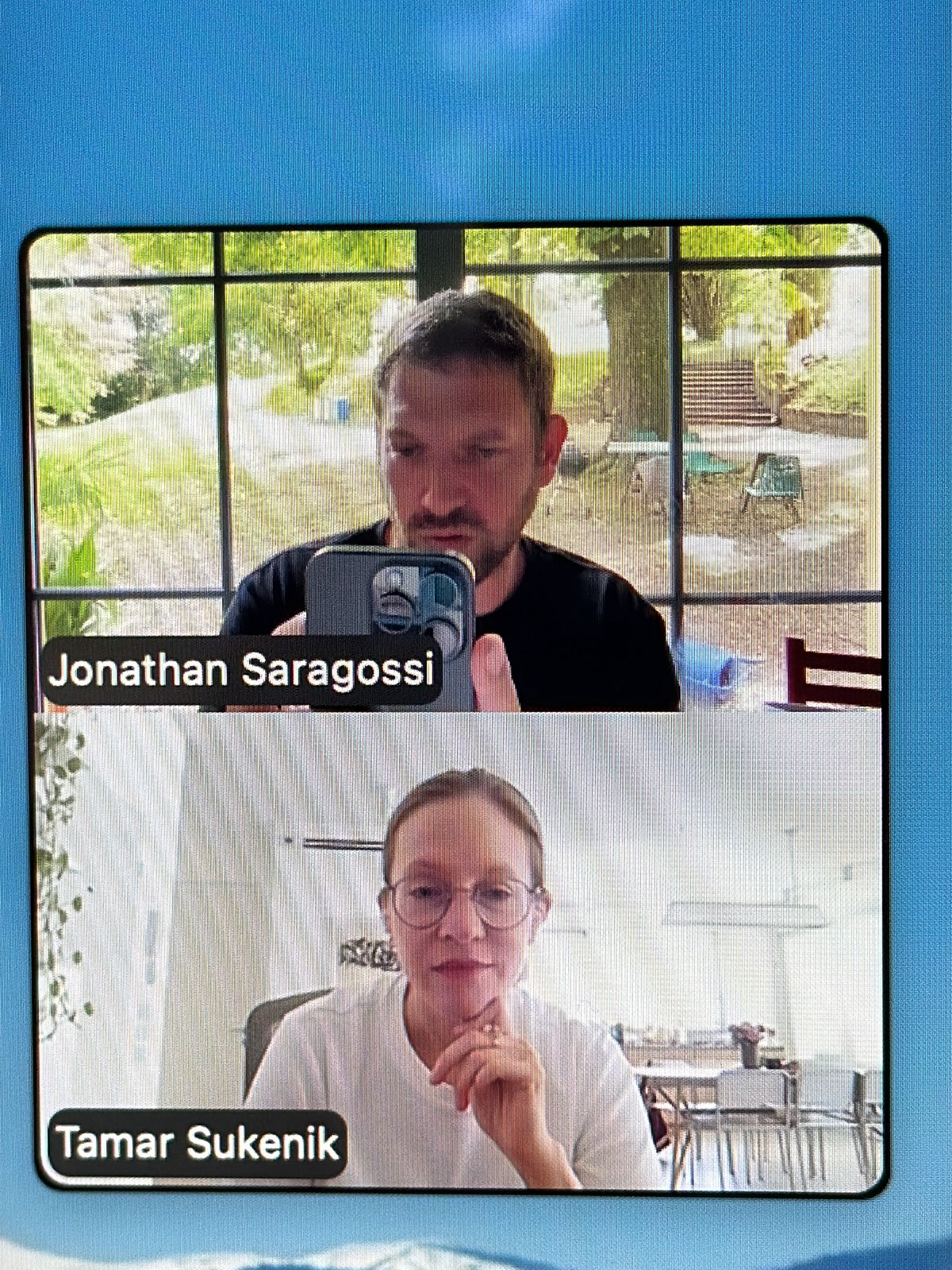 Video call with multiple participants, including Jonathan Saragossi