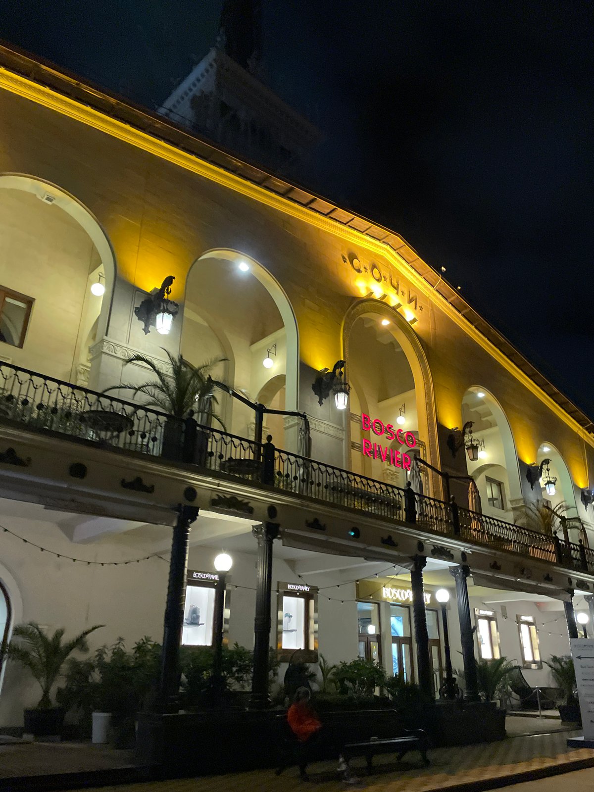 Nighttime architectural photography captured in Sochi's commercial district