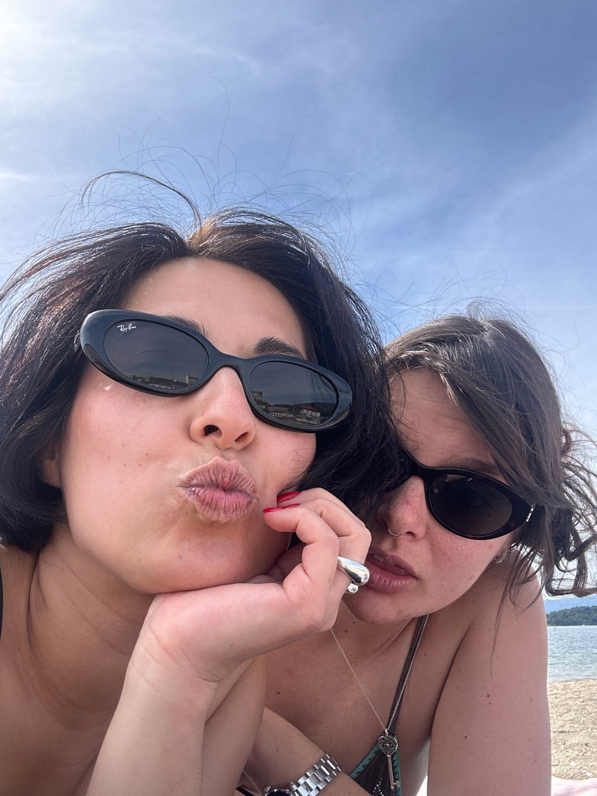 Two women take sunny selfie at Vilagarcía waterfront