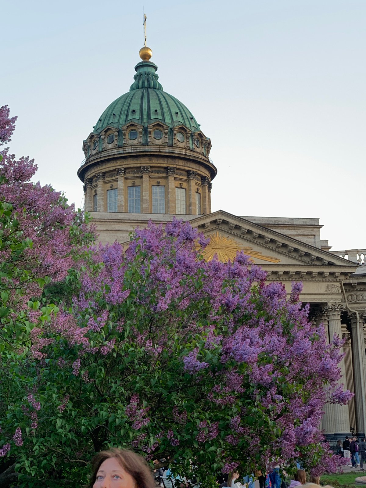 Spring lilacs frame Kazan Cathedral in Saint Petersburg