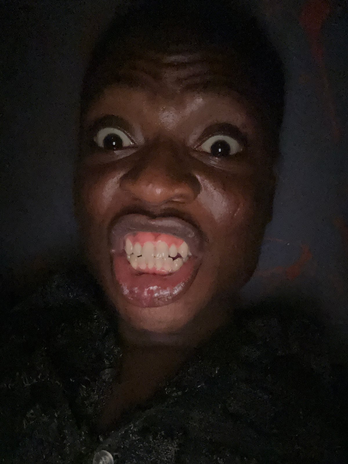 Person captured making animated expressions in seven close-up photos