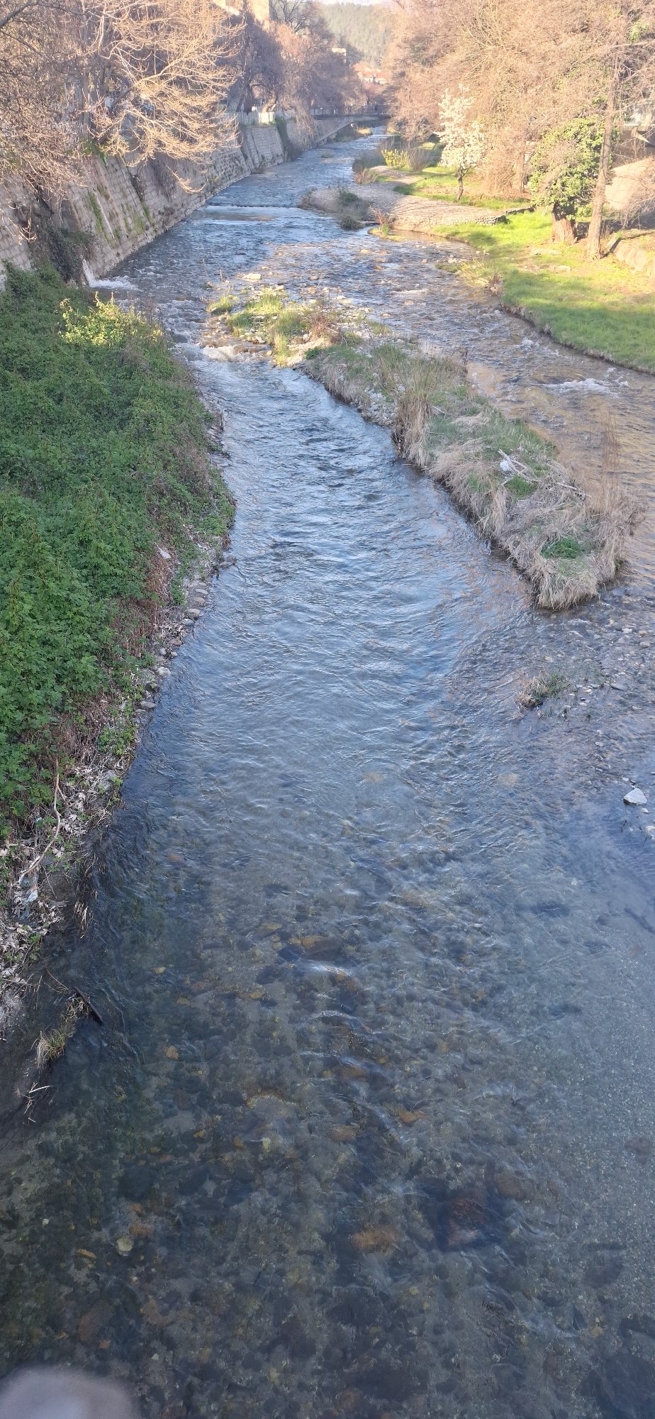 Clear water channel flows through Blagoevgrad amid spring vegetation