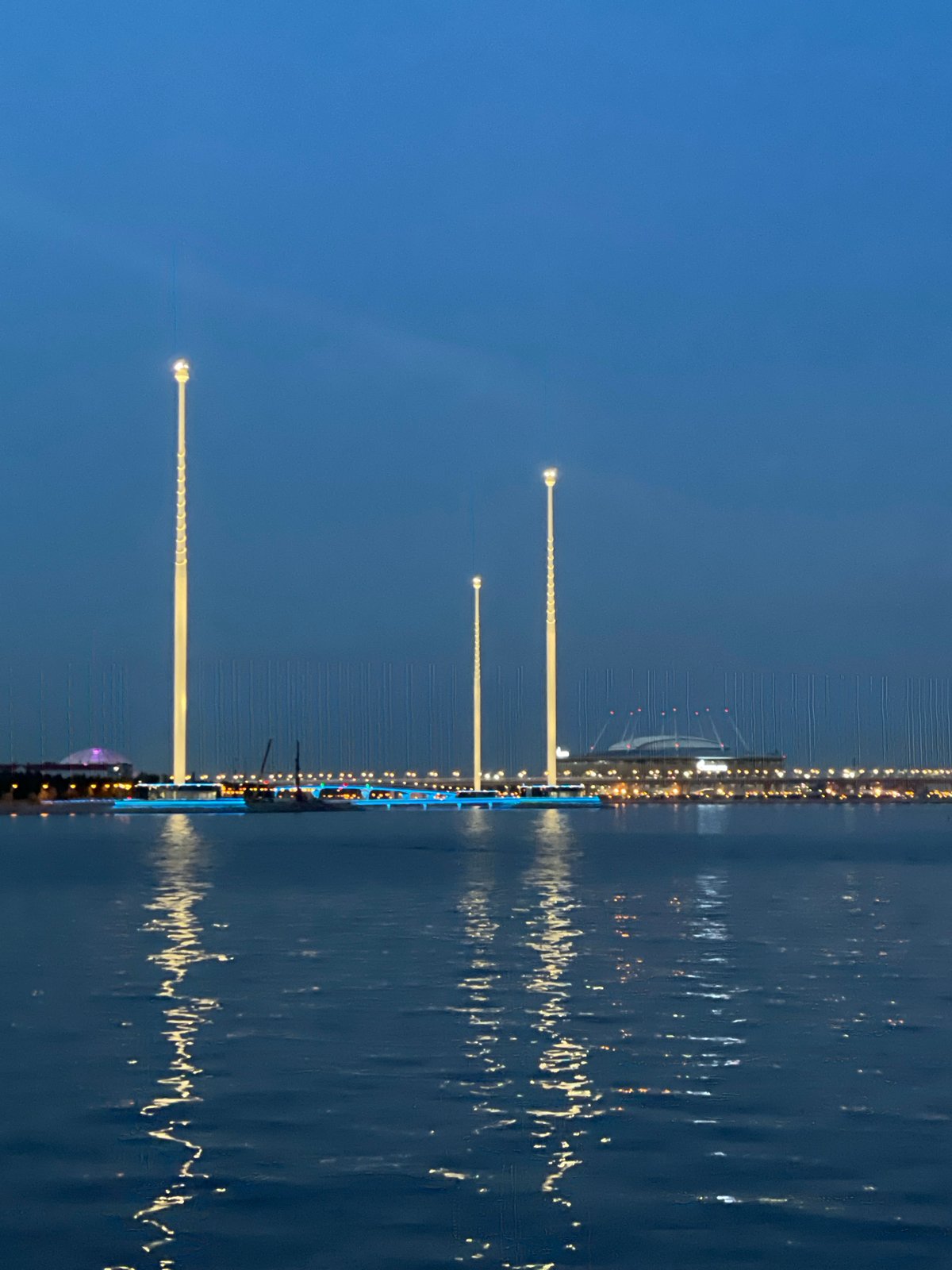 Saint Petersburg skyline captured at dusk, Lakhta Center illuminated