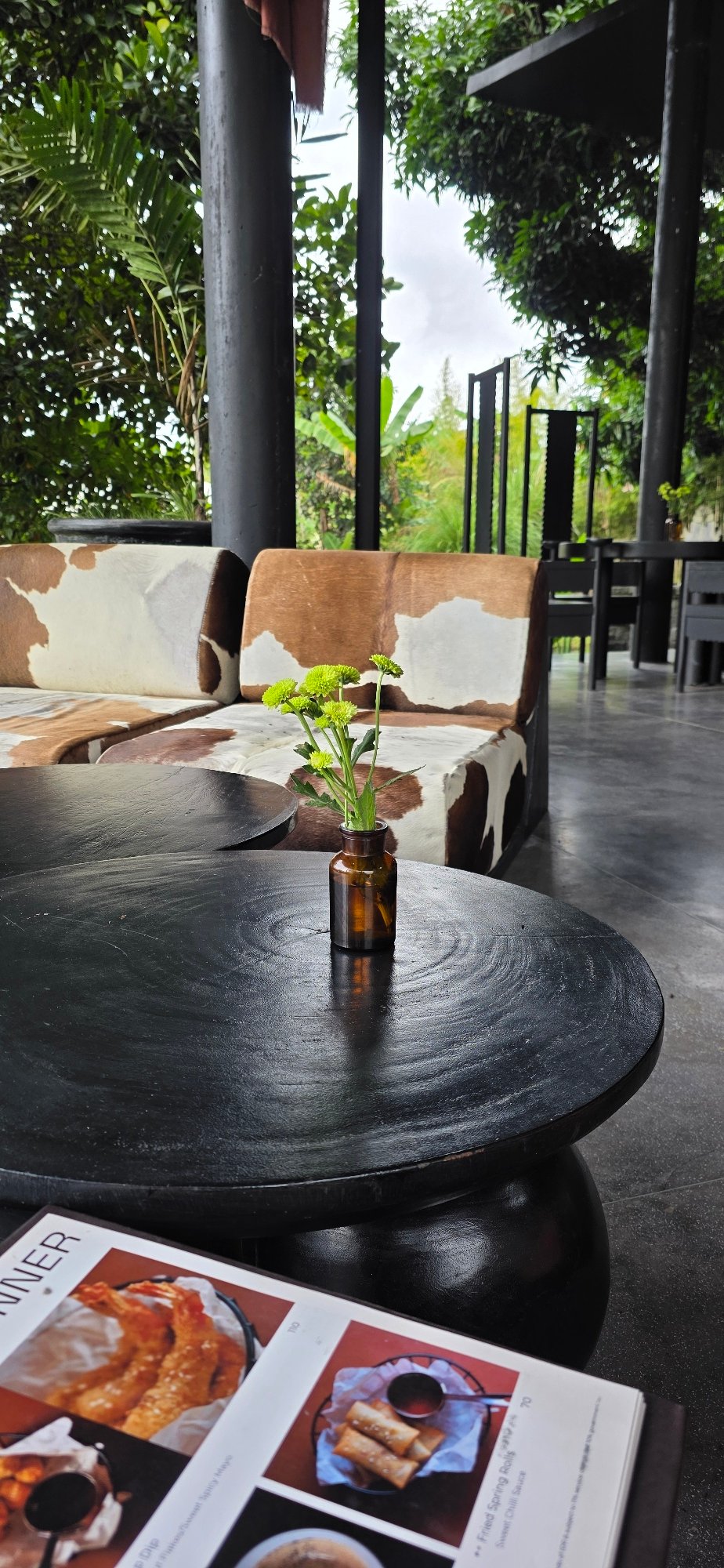 Relaxed resort evening in Kintamani — decor, greenery, and a sleeping cat