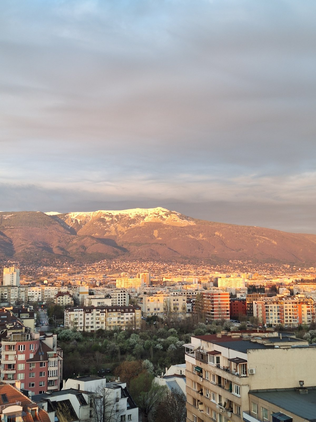 Dawn view captures Sofia cityscape with Vitosha Mountain backdrop