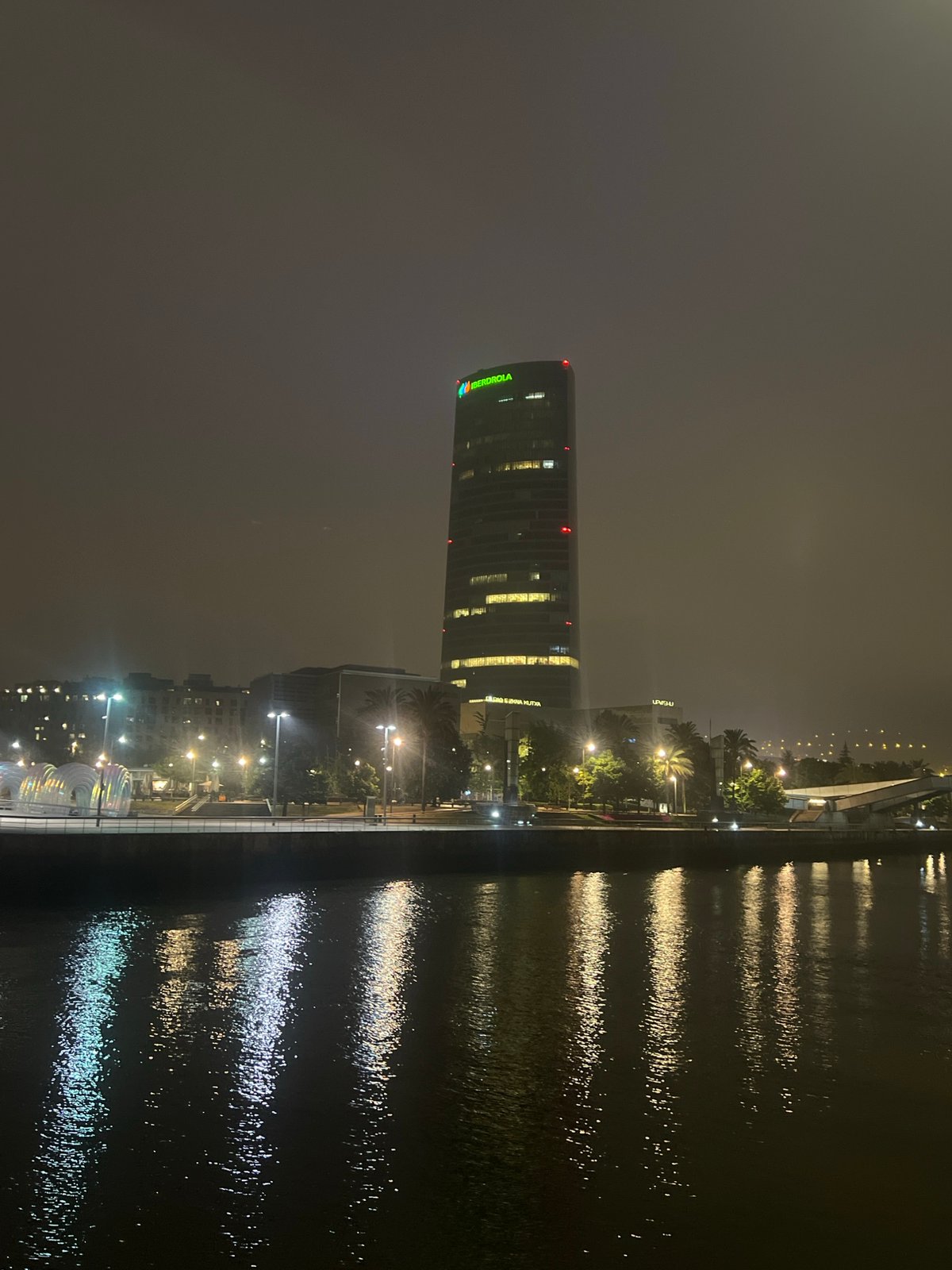 Bilbao's Guggenheim district at night, art installations and all