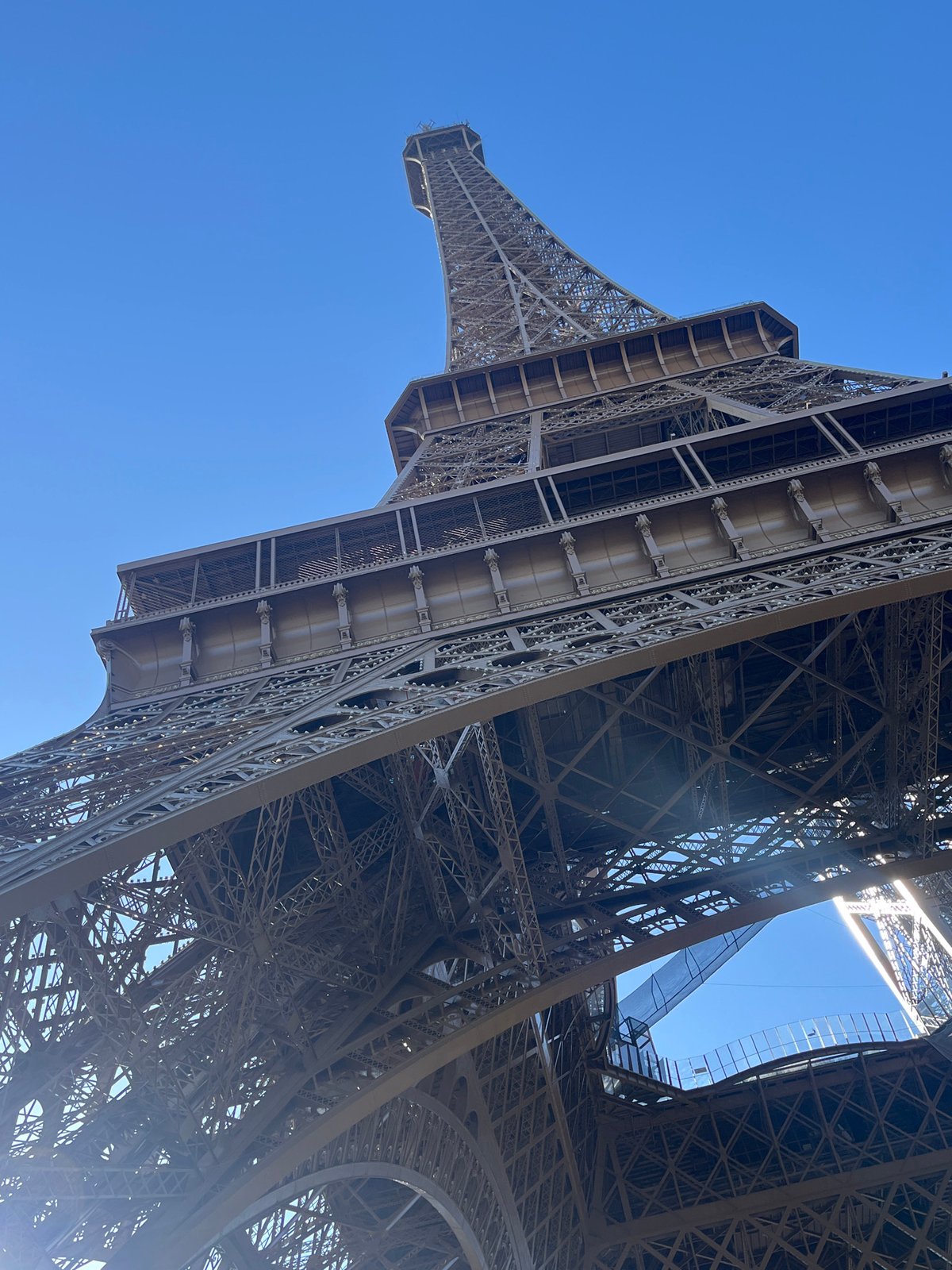 Morning visitors photograph Eiffel Tower under clear Paris skies