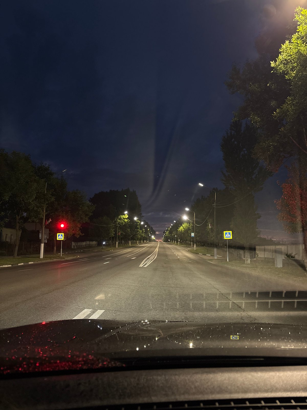 Stopped at a red light on a tree-lined Vitsebsk road at night
