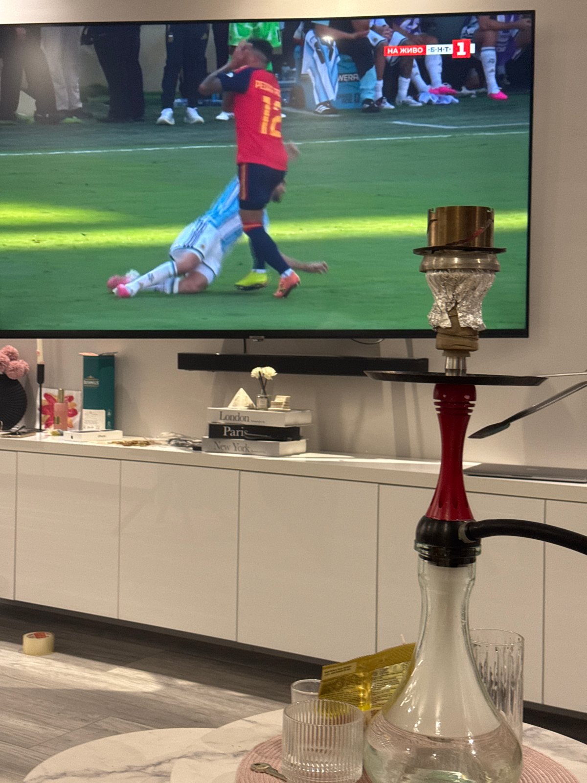 Spain vs. Argentina on TV, hookah out, 0-0 in Burgas