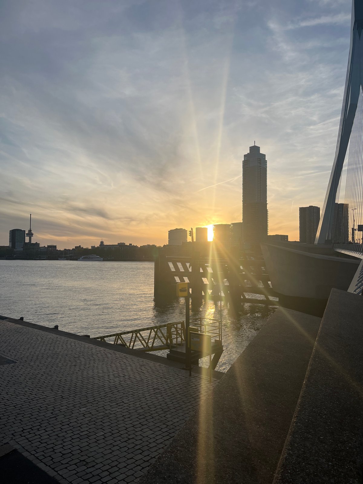 Rotterdam sunset view captured featuring iconic Erasmus Bridge