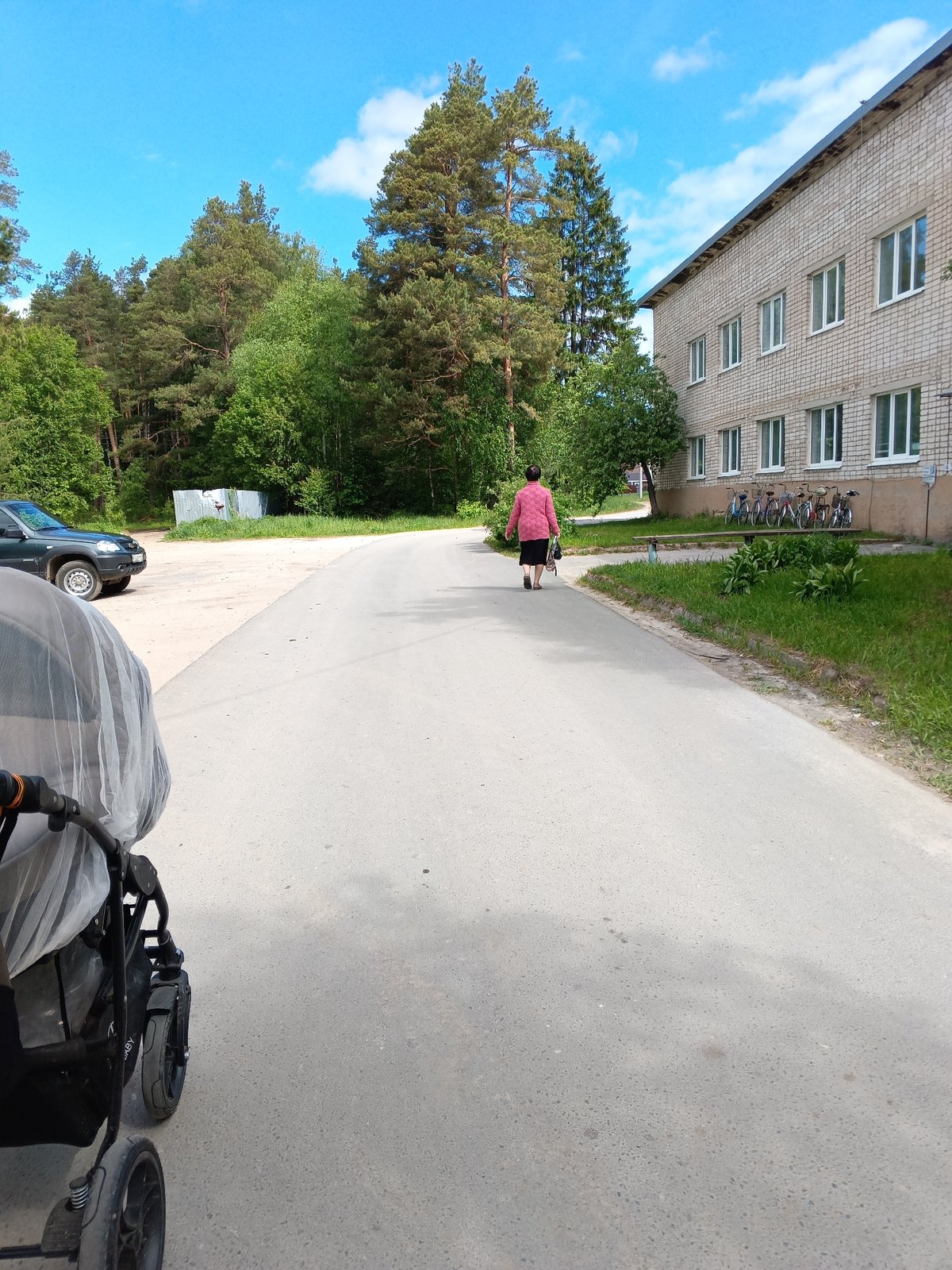 Child pushes stroller down road in Andreyevo, Russia