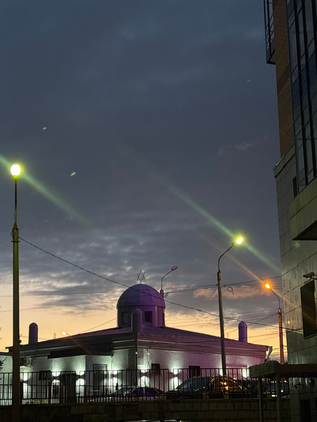 Twilight urban scene photographed from ground level in Krasnoyarsk