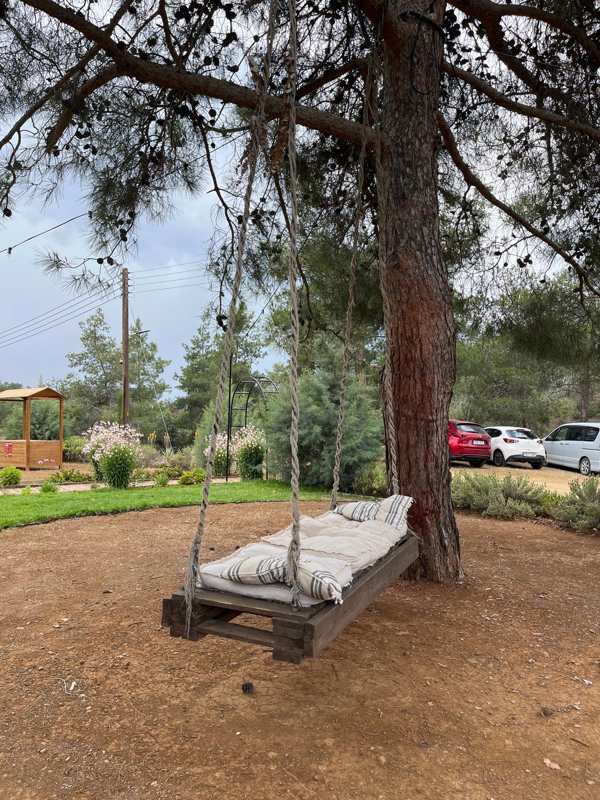 Outdoor garden spaces with swing beds documented in Sia, Cyprus