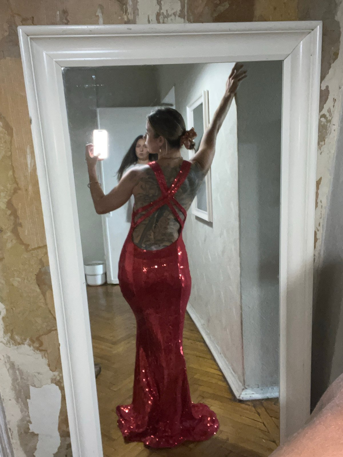 Mirror selfie series in a red sequined dress, Moscow hallway