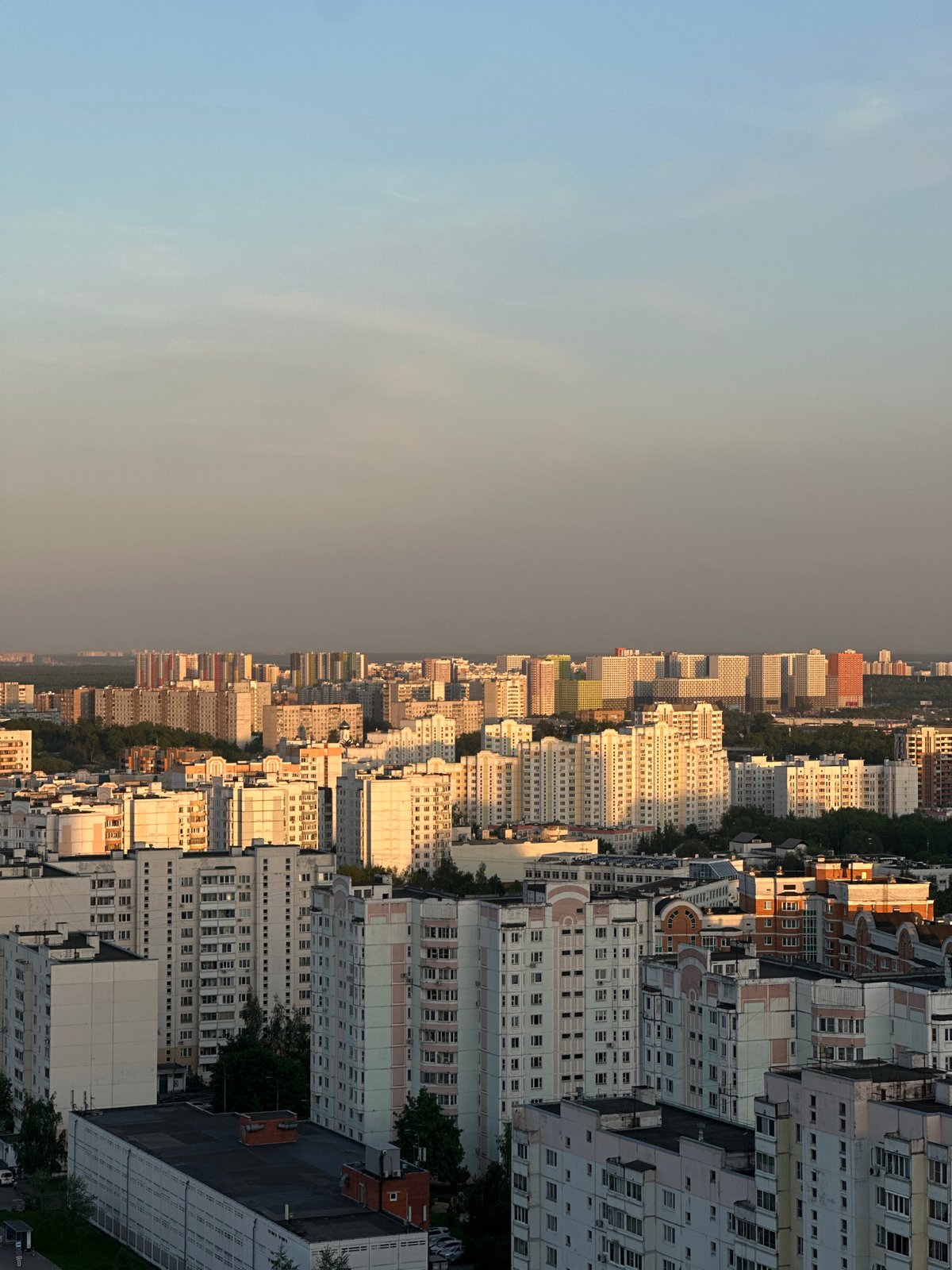 Aerial views capture urban-forest transition under hazy skies