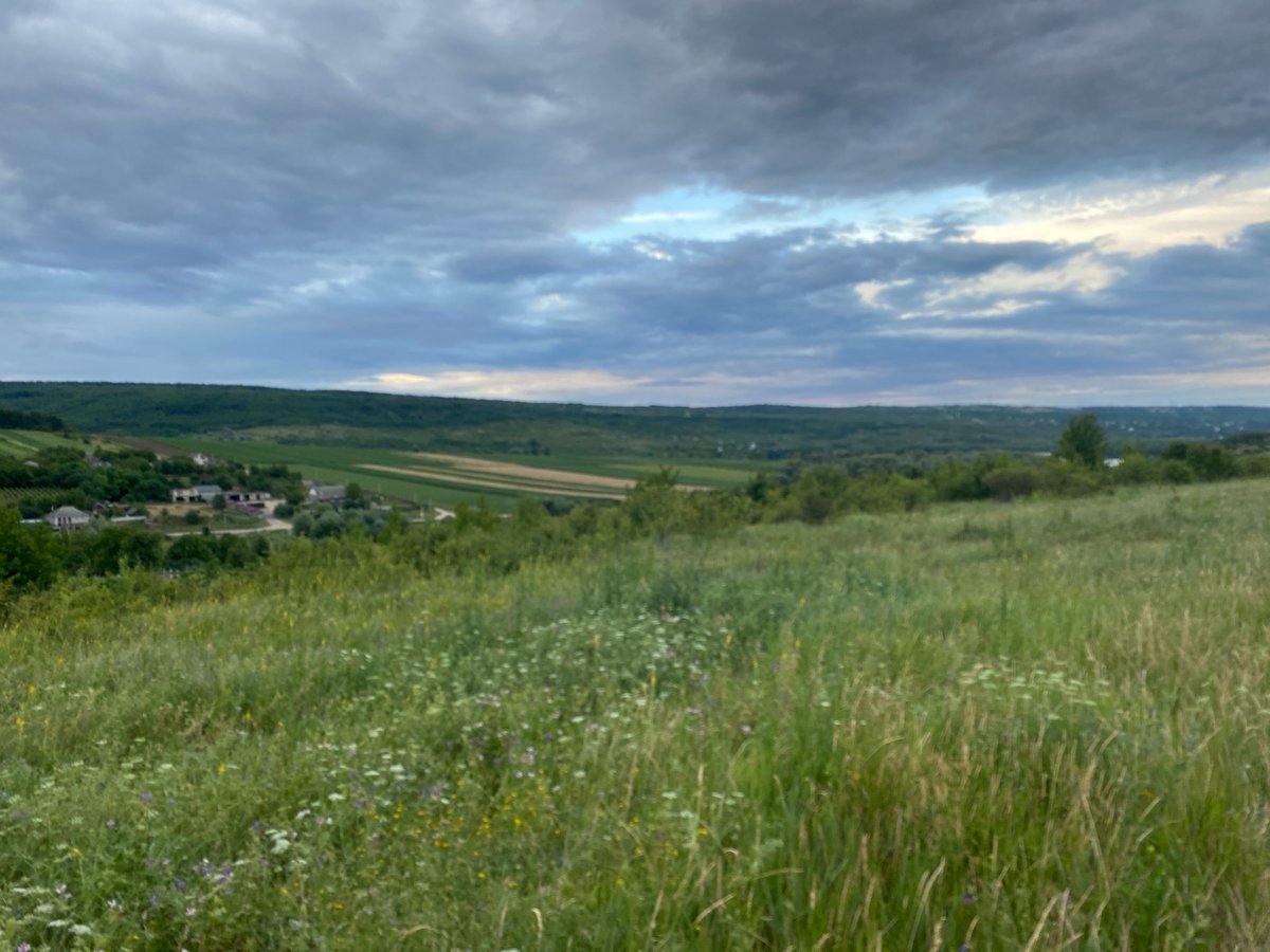 Rural fields and dirt paths on a cloudy evening in Horodca, Moldova