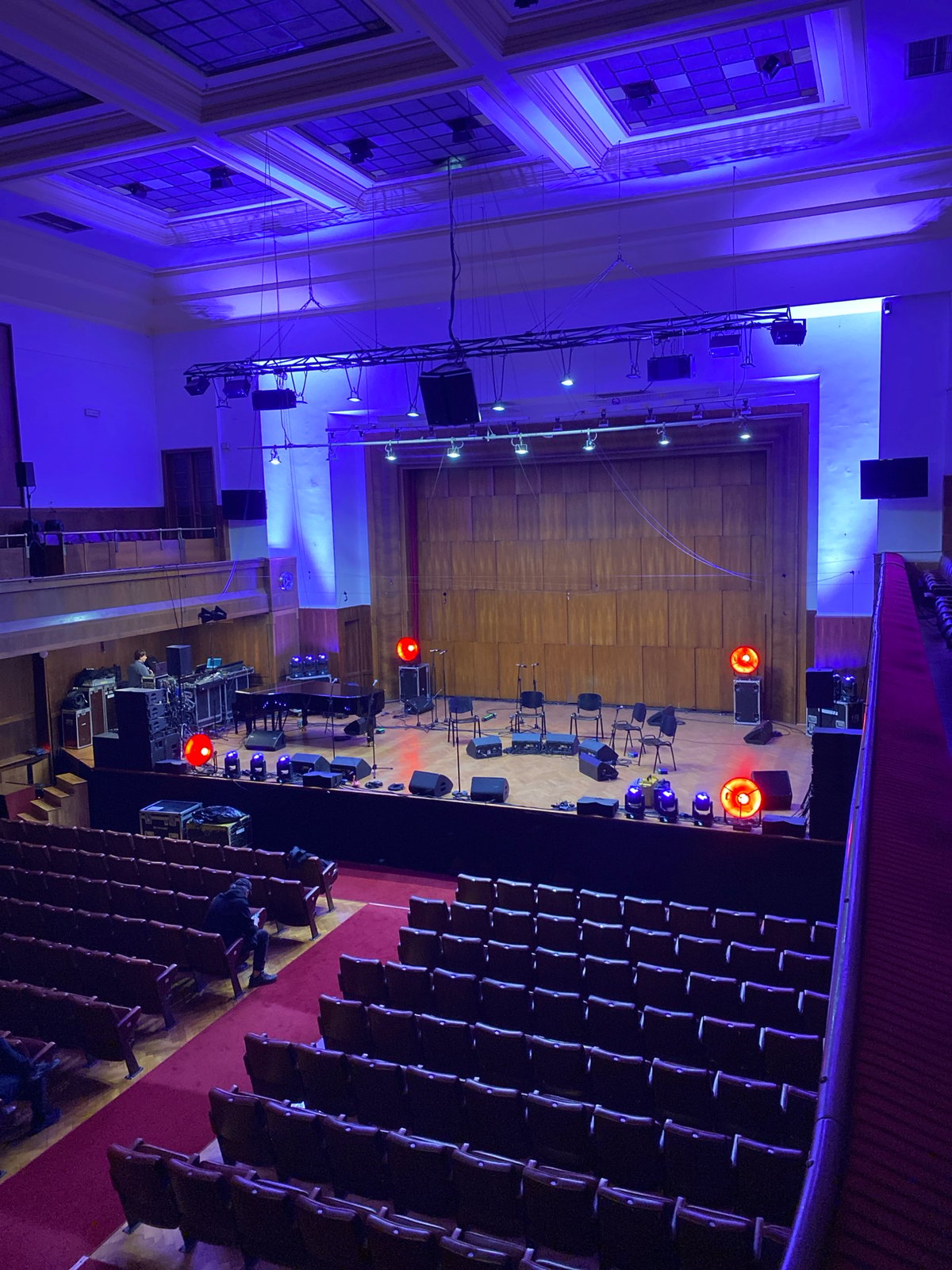 Concert hall stage setup captured at Belgrade's Kolarac Hall