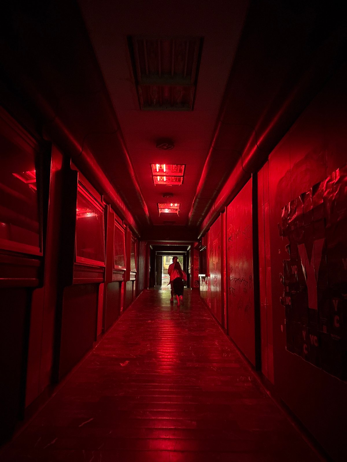 Red-lit hallways and open-air cinema on a Belgrade evening