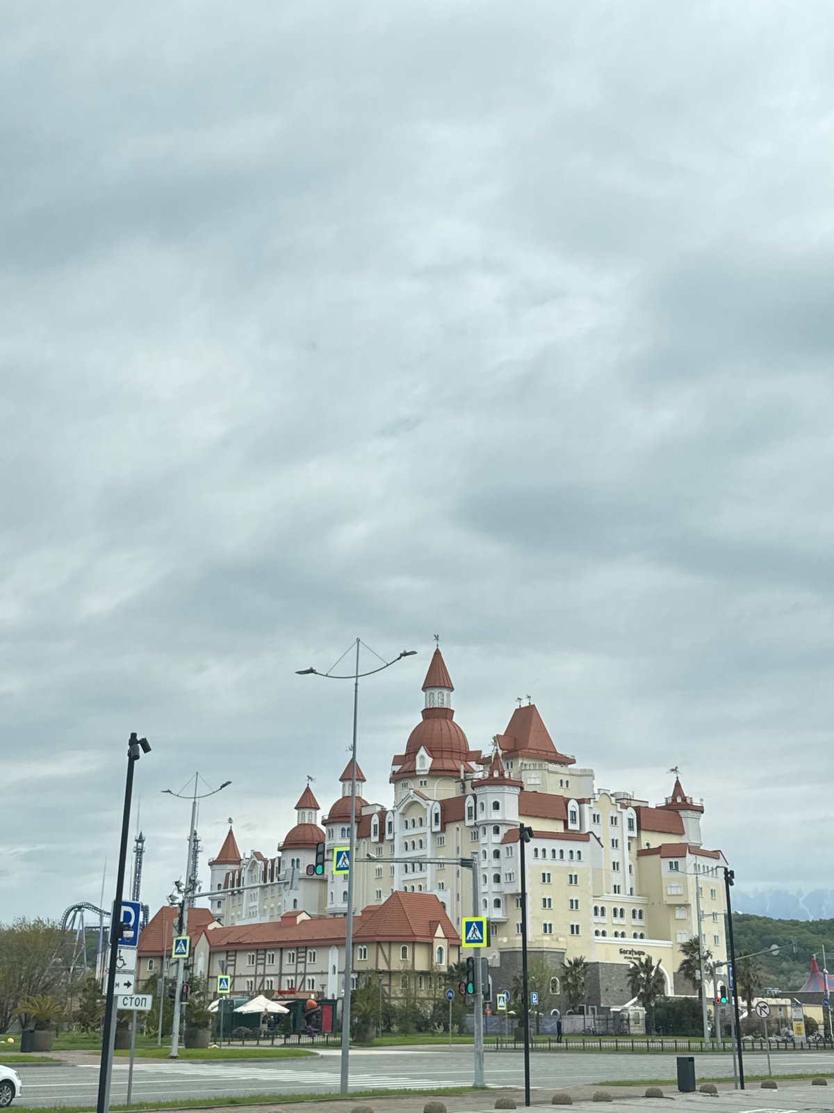 White buildings with red roofs documented in Sirius, Russia