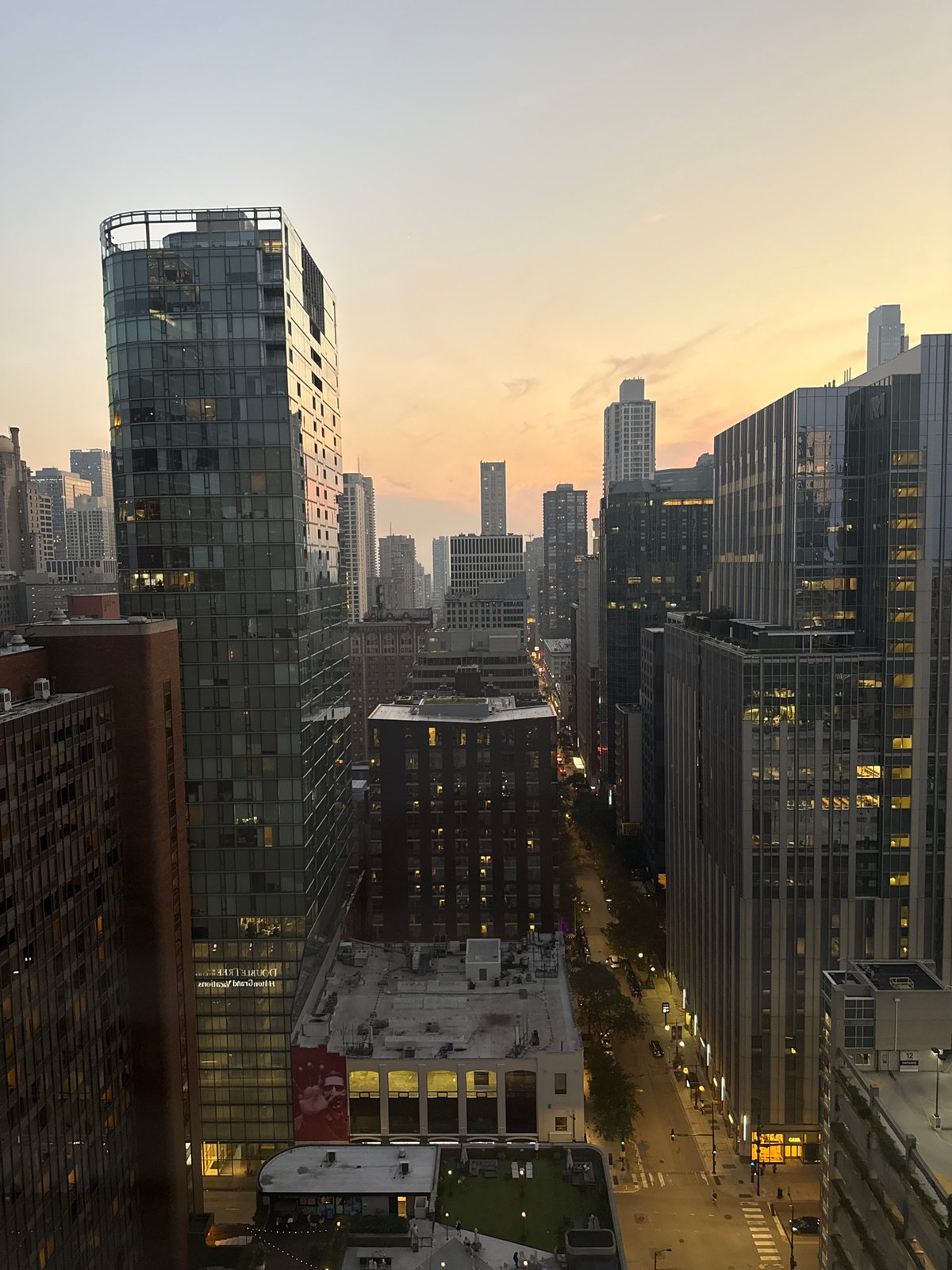 Chicago skyline at dusk, glass and brick from above