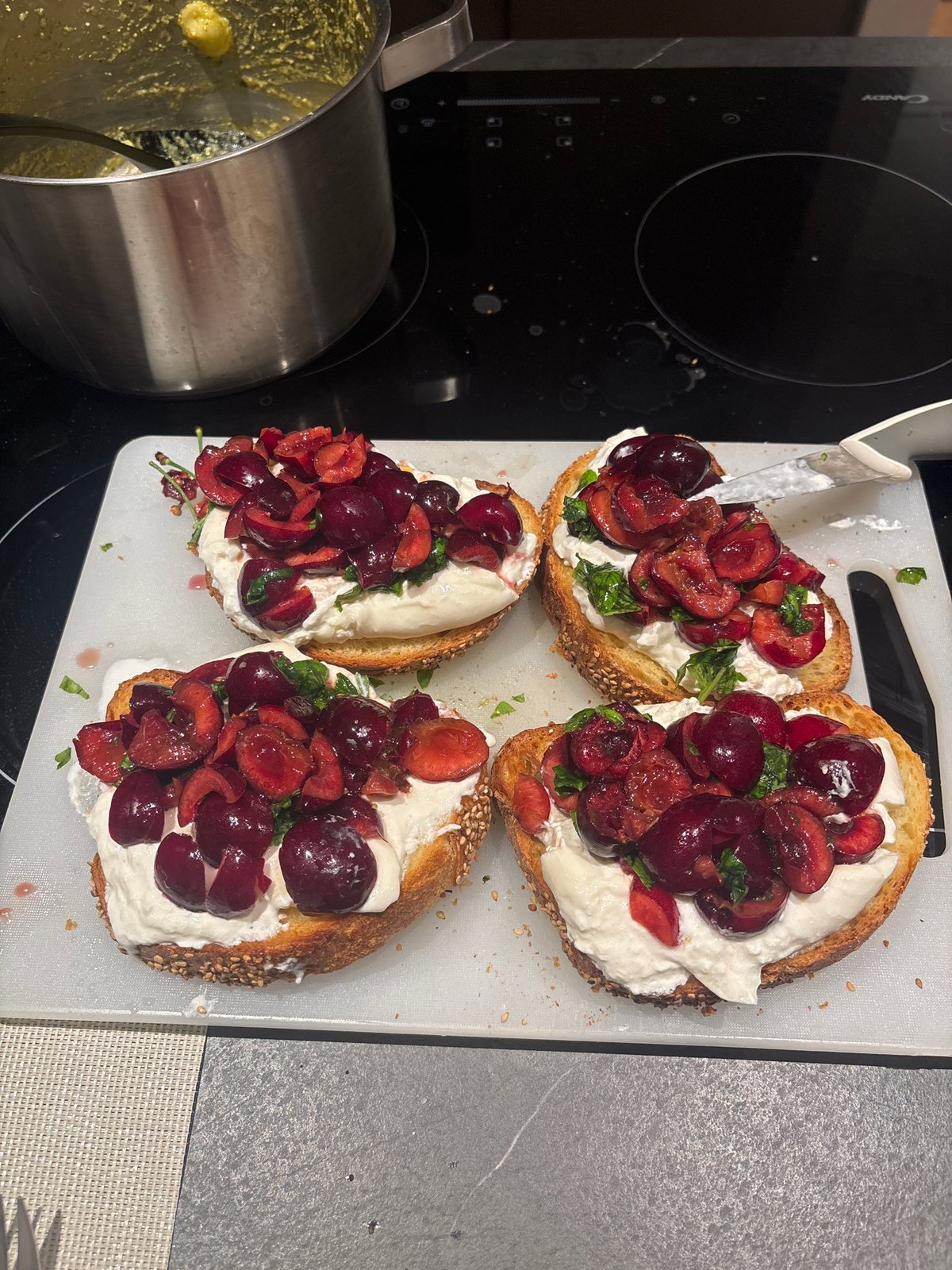 Pasta and bruschetta spread on a Milan kitchen counter