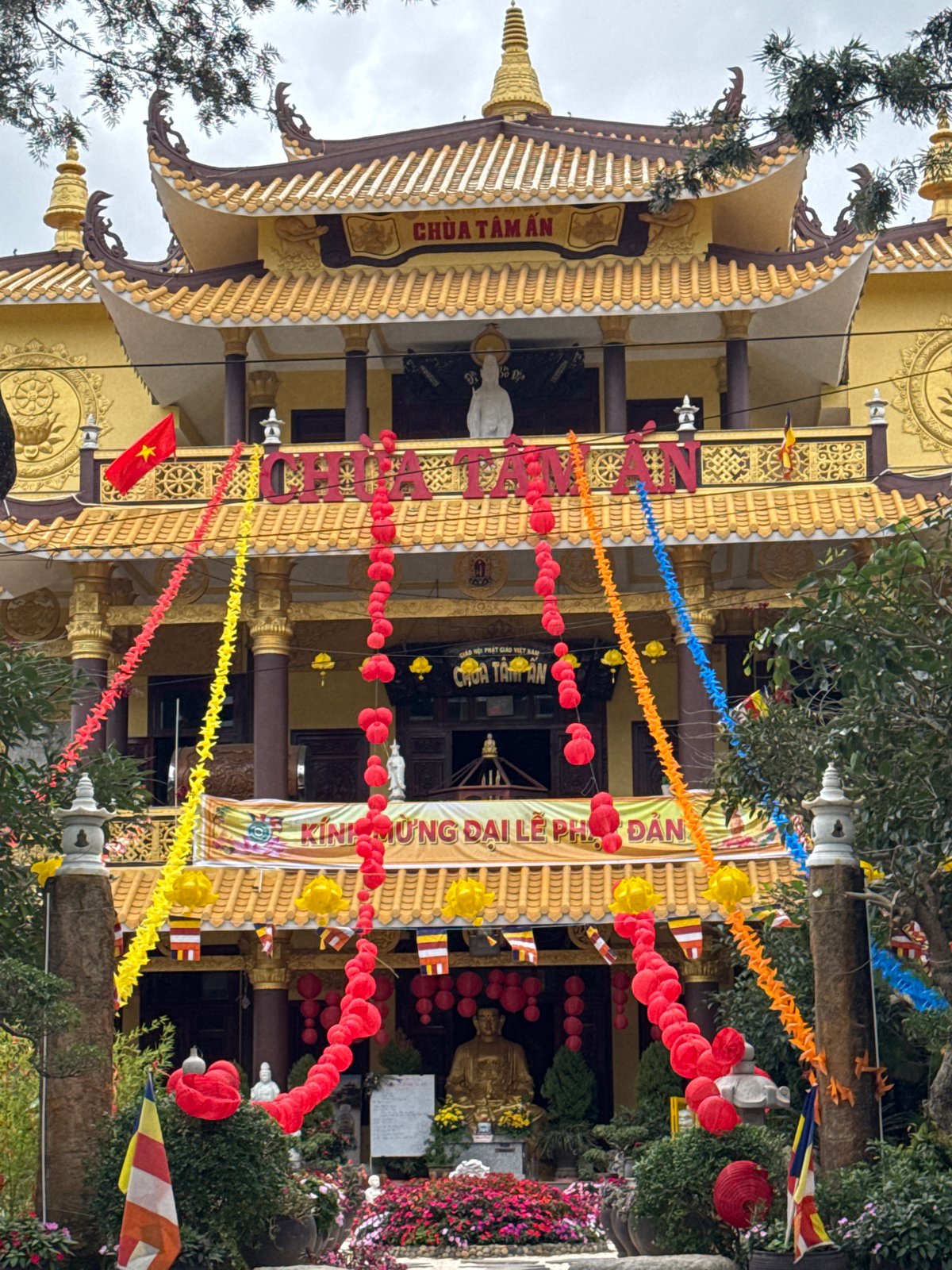 Buddhist temple in Da Lat adorned with festive decorations
