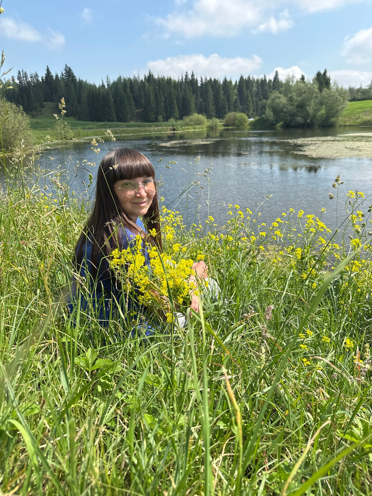 Morning lakeside retreat in Russian countryside with fishing and wildflowers
