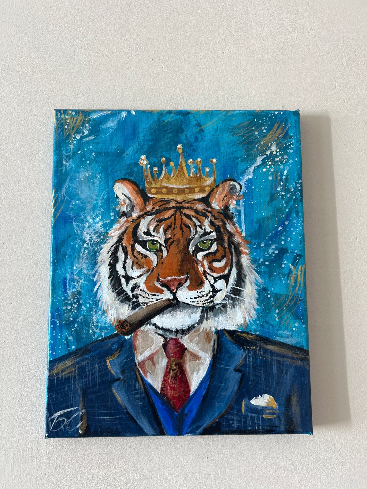 Acrylic painting shows crowned tiger in business suit spotted