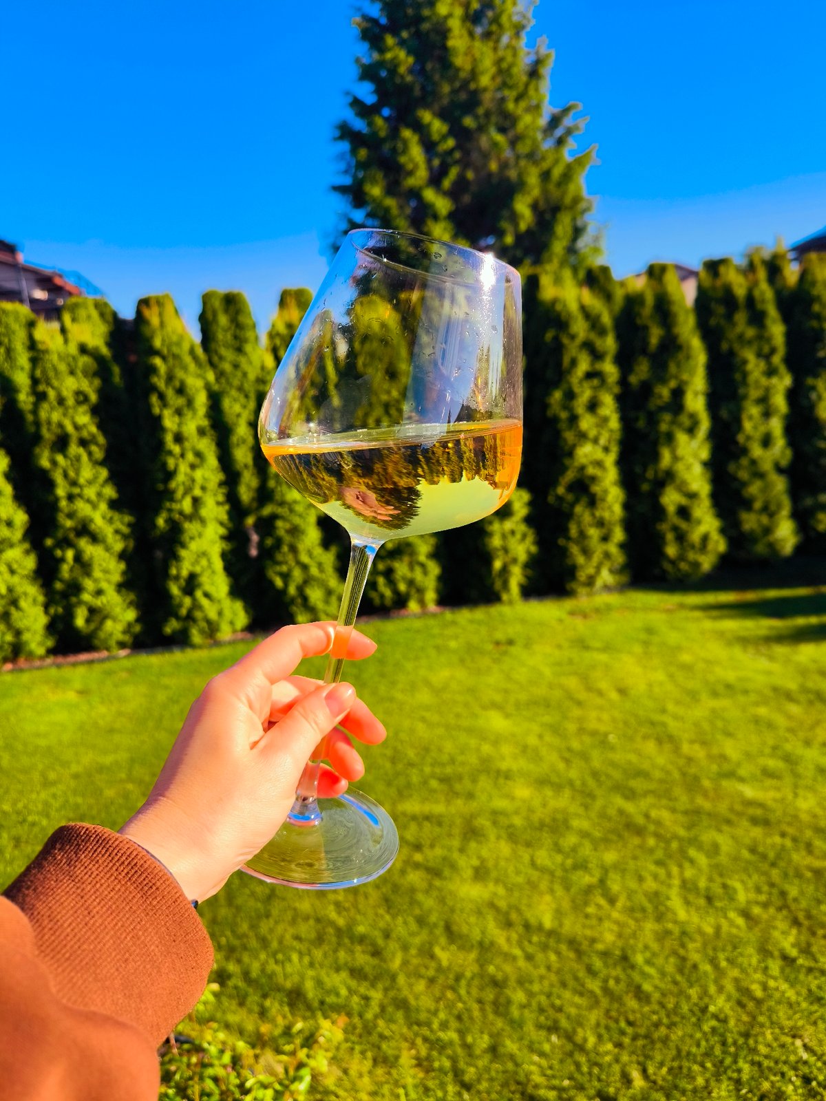 Woman enjoys afternoon wine break on manicured lawn