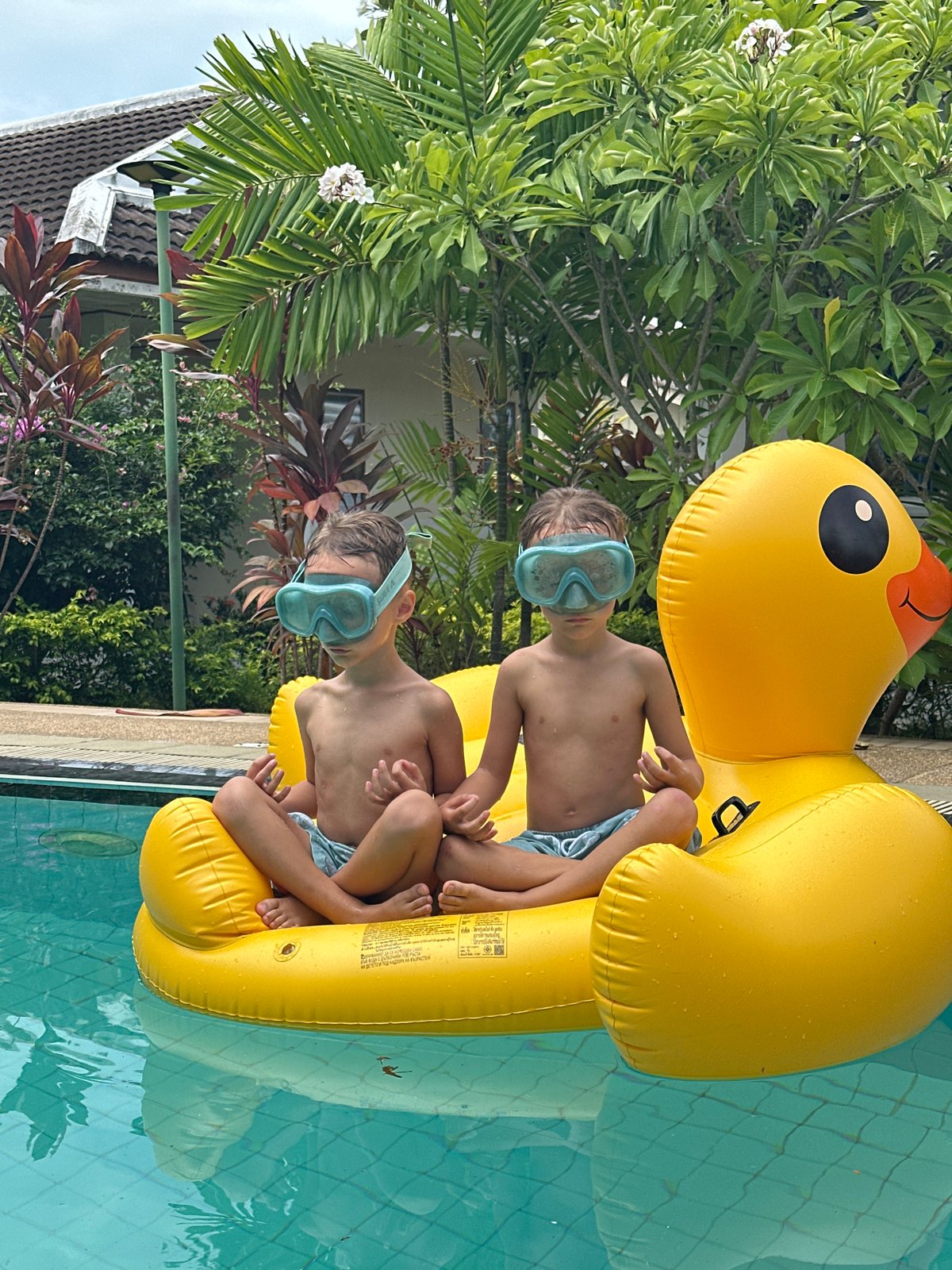 Poolside play with a giant inflatable duck in Ko Samui