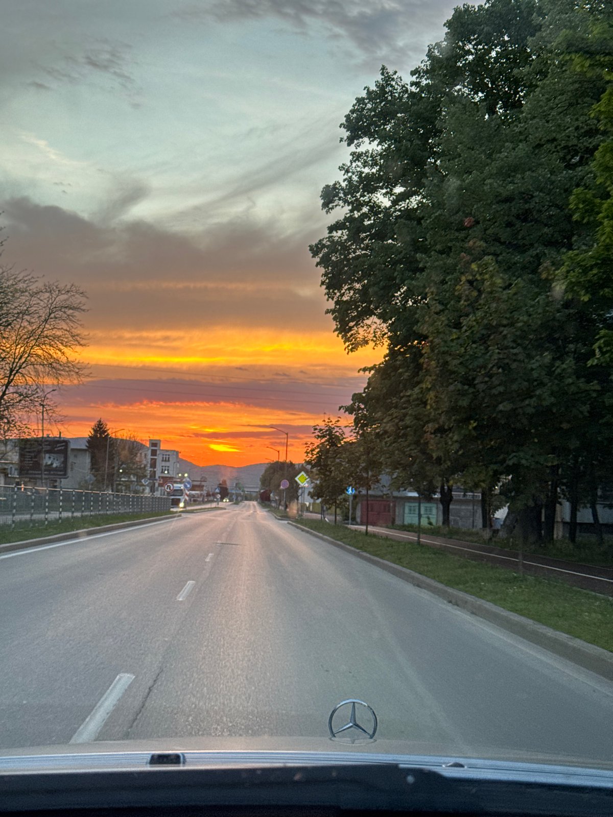 Sunset view captured on tree-lined road in Sevlievo, Bulgaria