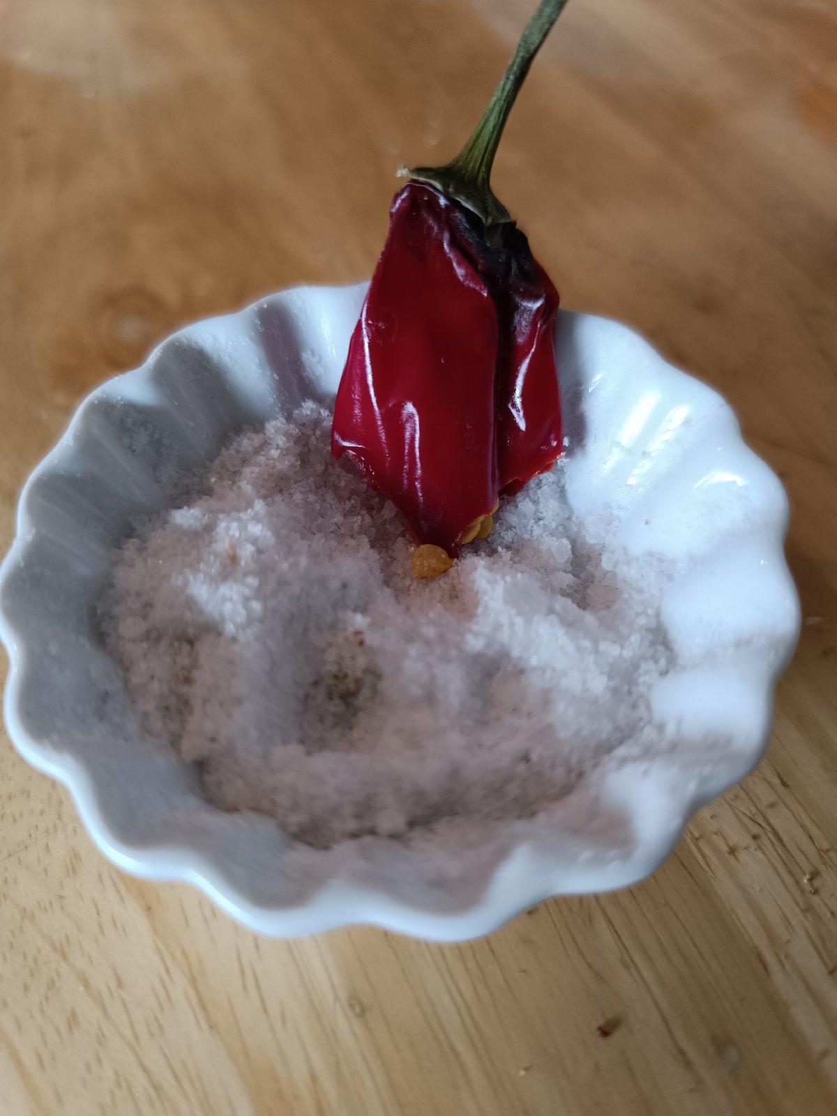 Red chili pepper resting in a dish of coarse salt