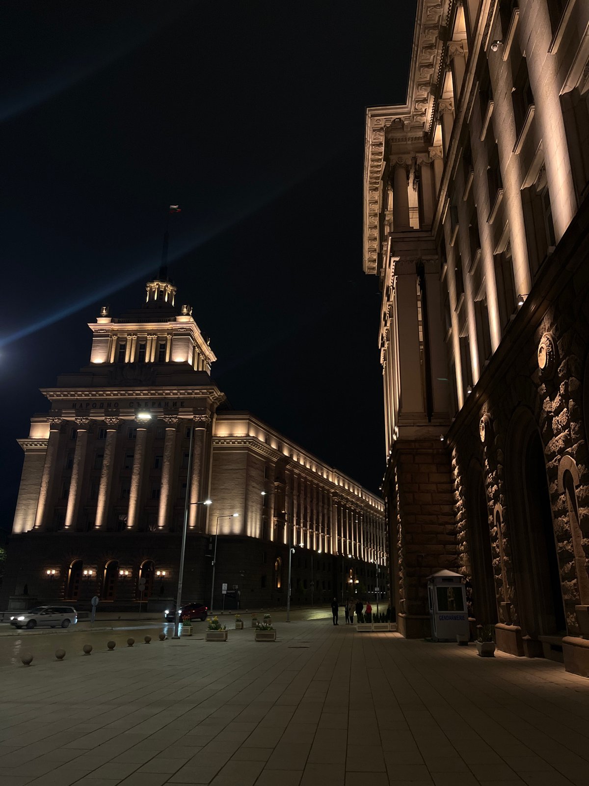 Nighttime documentation of Sofia's illuminated government buildings captured