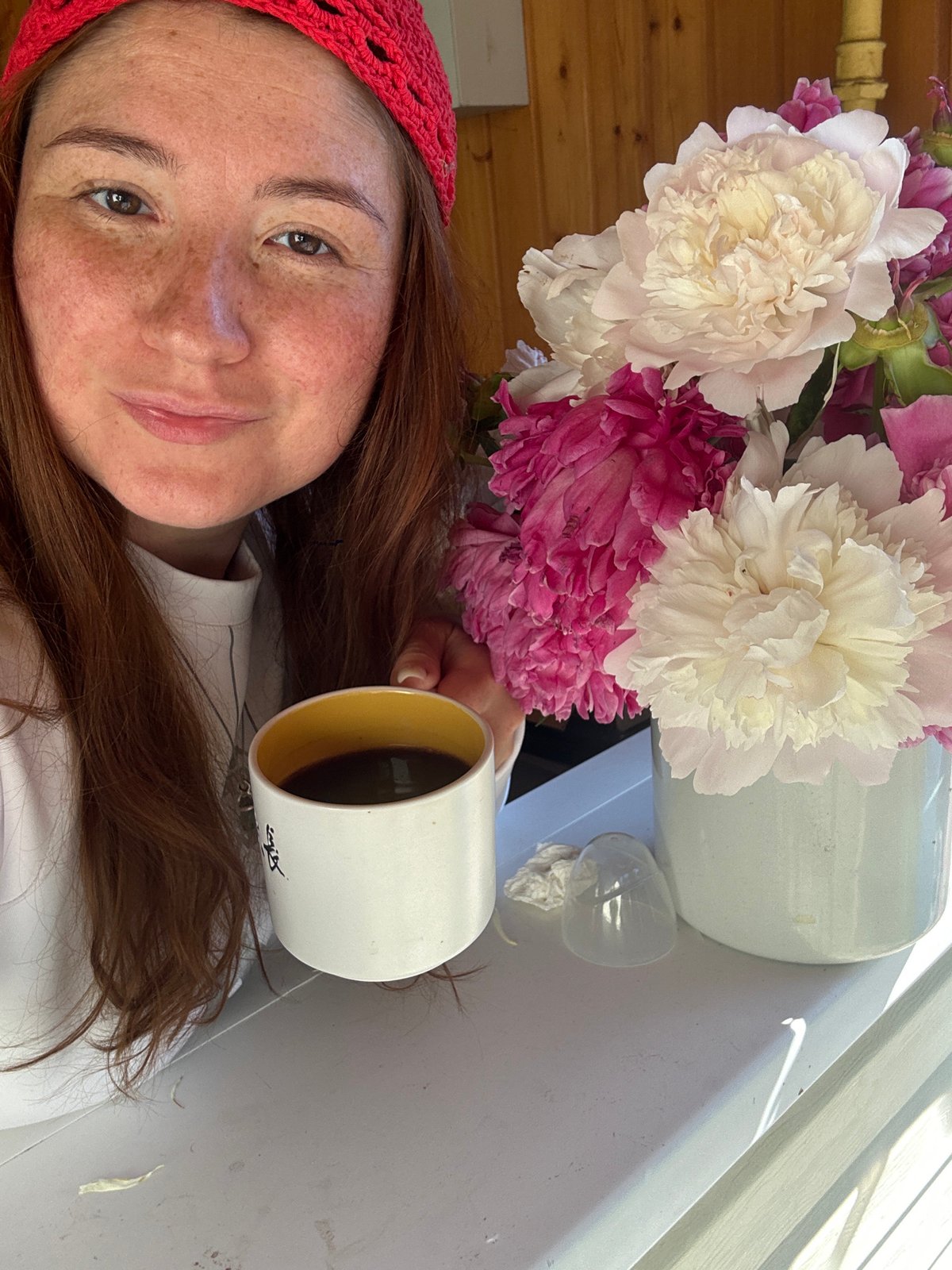 Morning coffee and peonies outside in Nizhny Novgorod