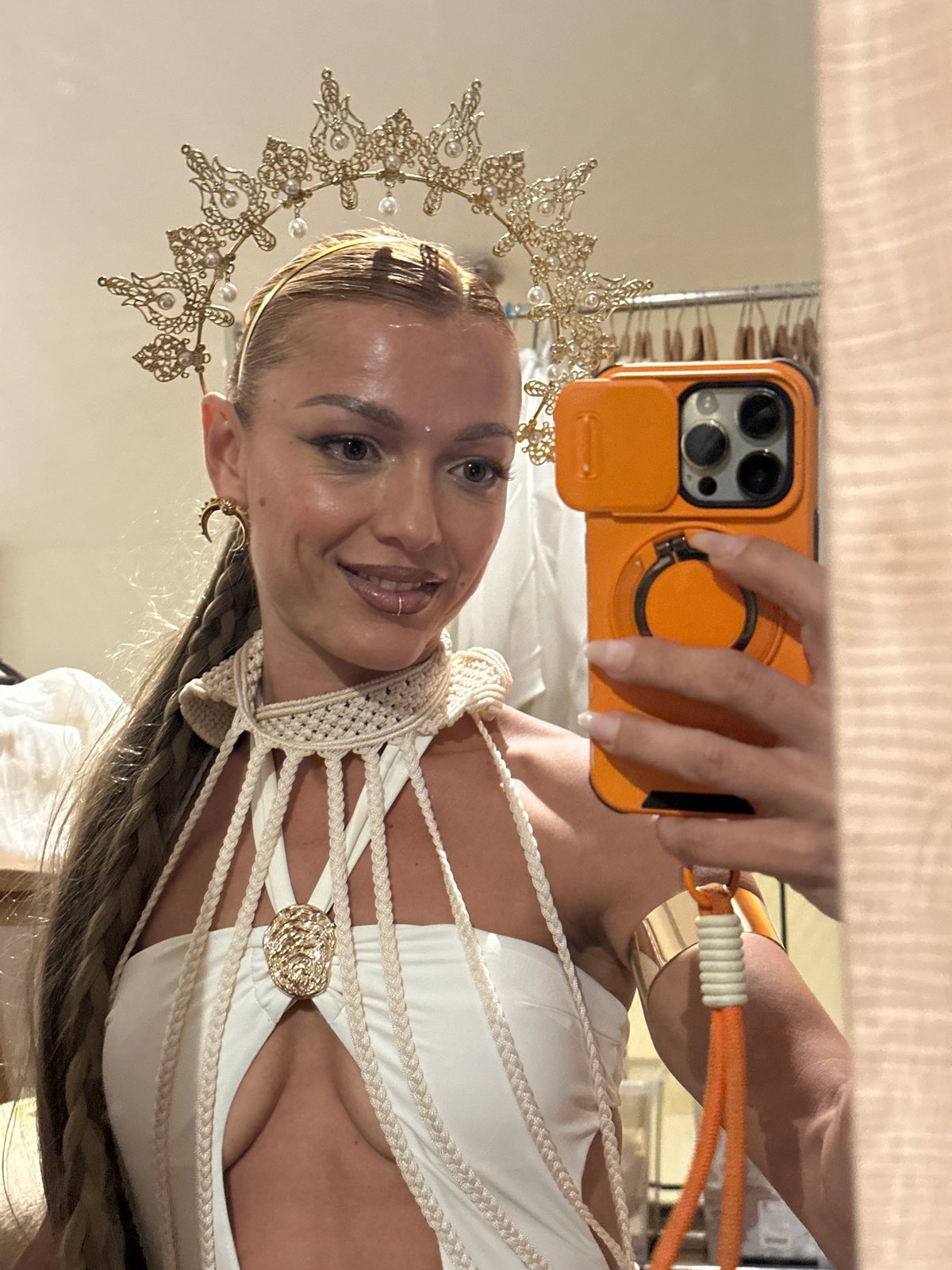 Ornate crown and macrame dress in a Ko Samui mirror selfie