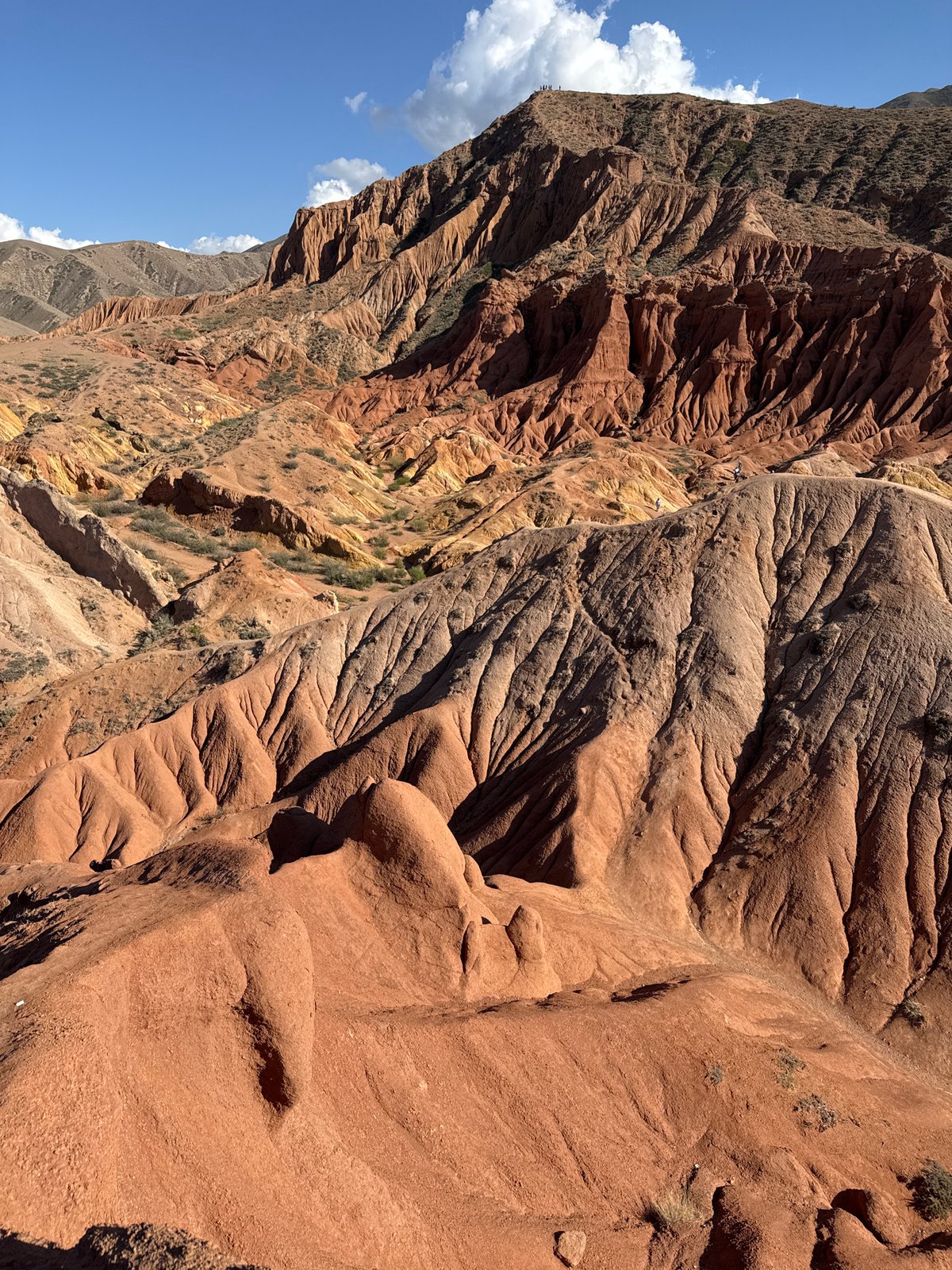 Hikers traverse rugged canyon near Tosor, Kyrgyzstan