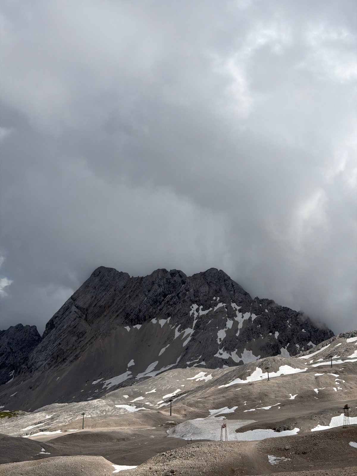 Cloudy day at the Zugspitze summit, infrastructure and peaks