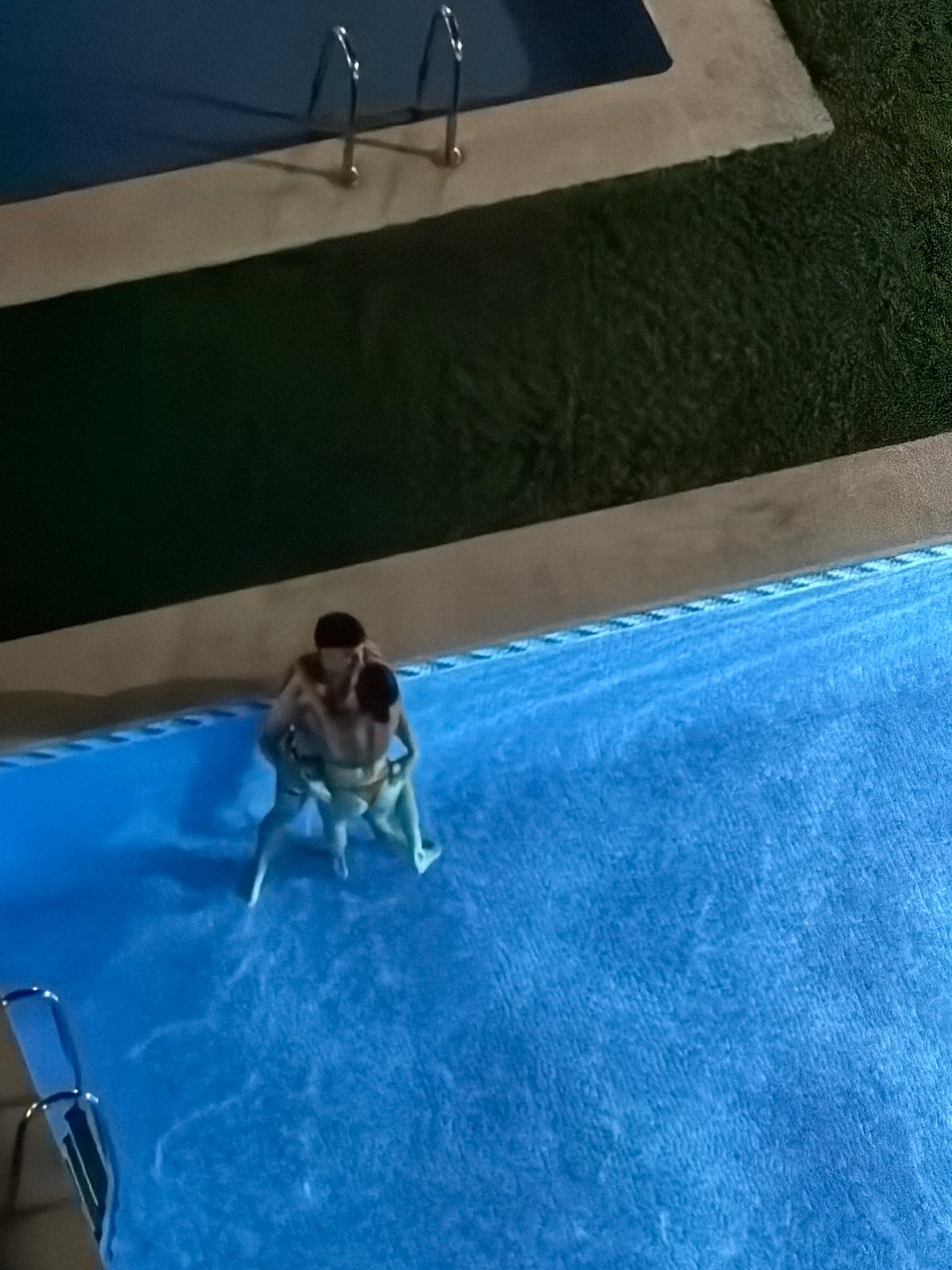 Late-night pool session, aerial and ground views