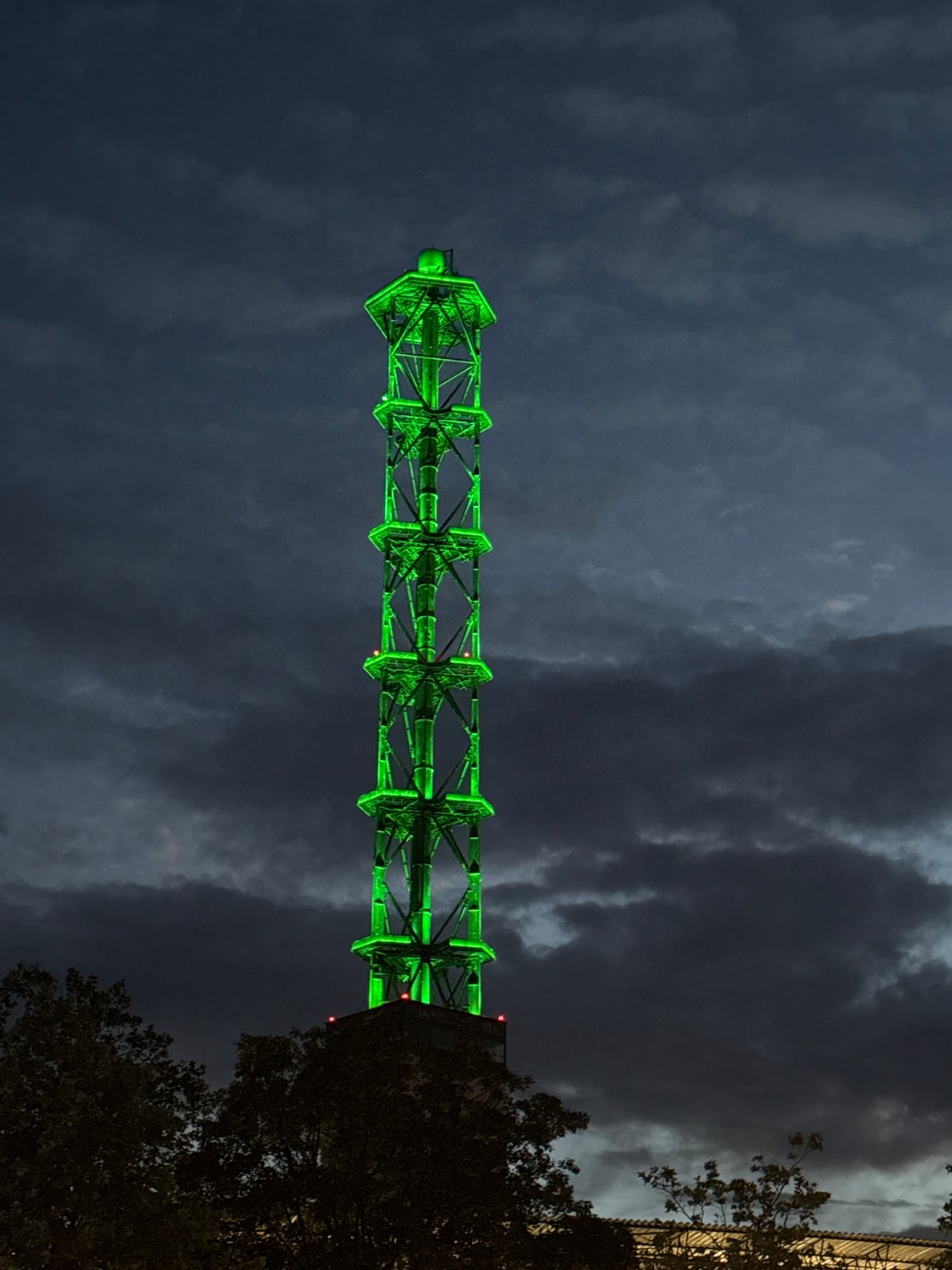 Duisburg city center lit up on a summer night