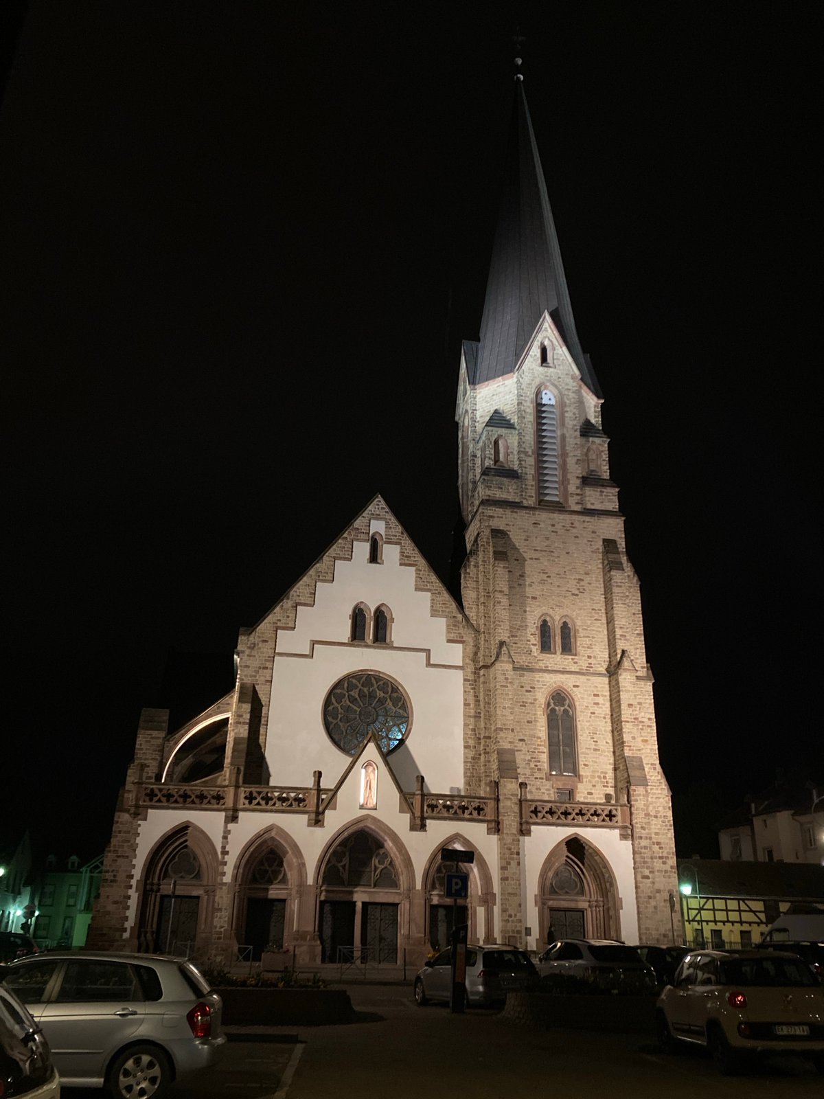 Church documented at night in Bischheim, France