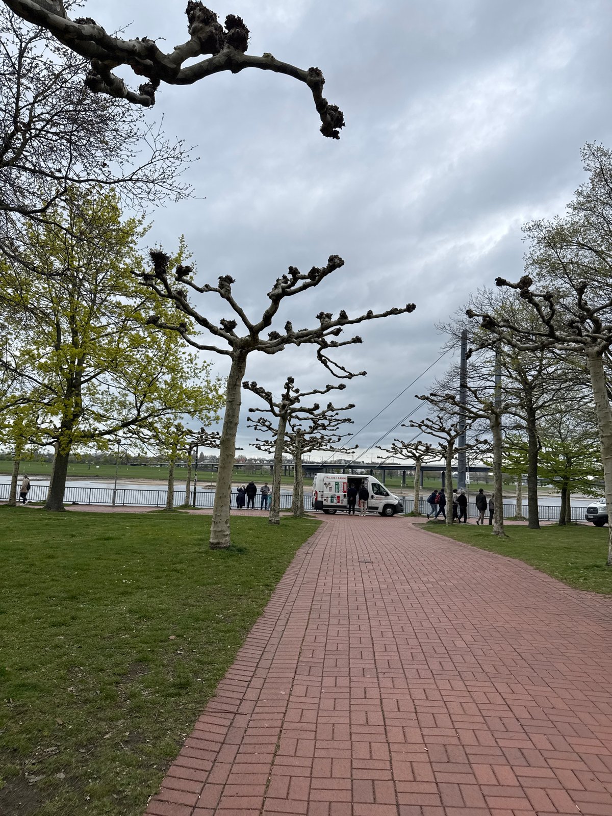 Tourist visits Düsseldorf's Rhine Tower, documents city views