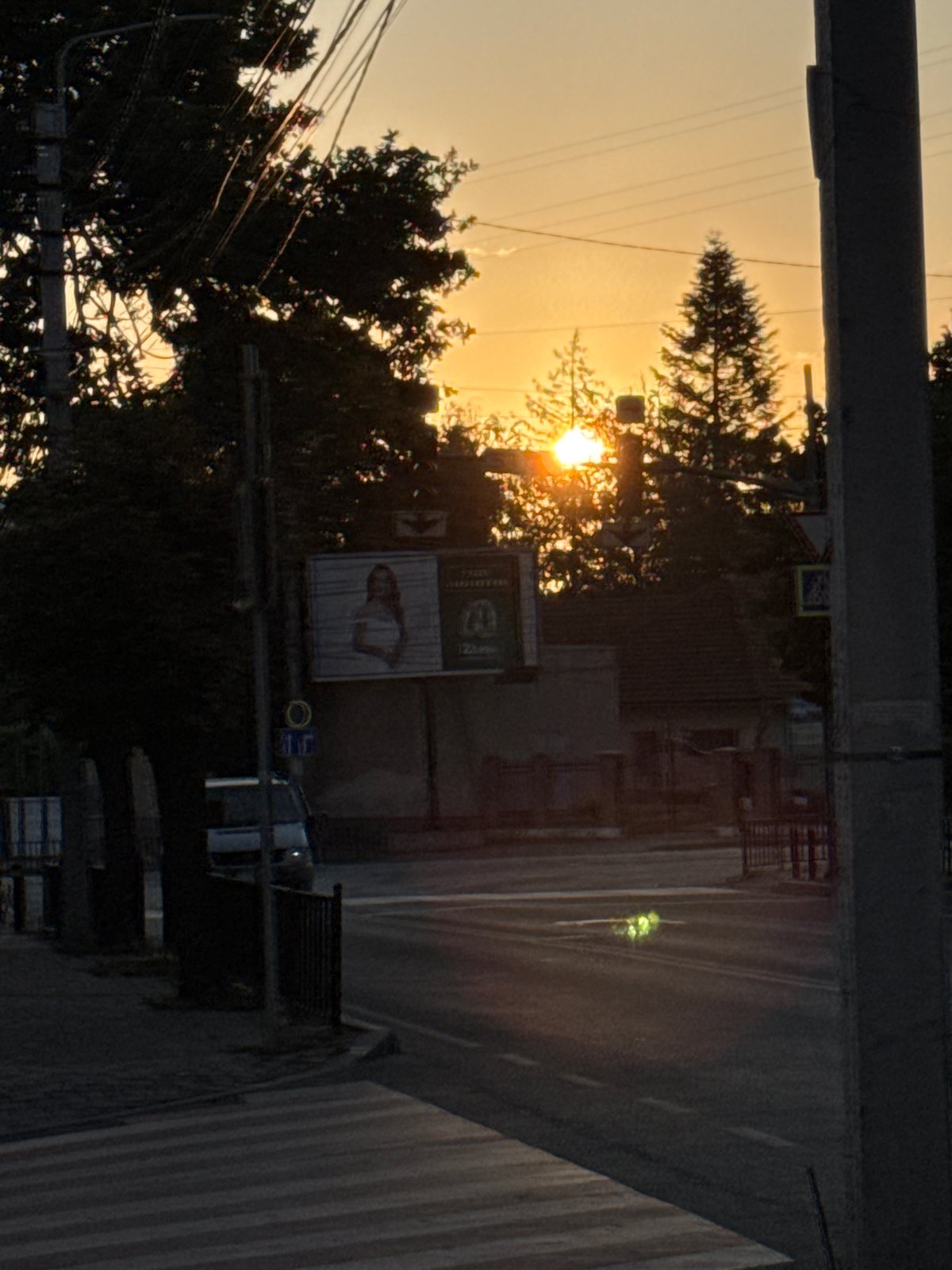 Sunset along a Chernivtsi street, trees and wires in silhouette