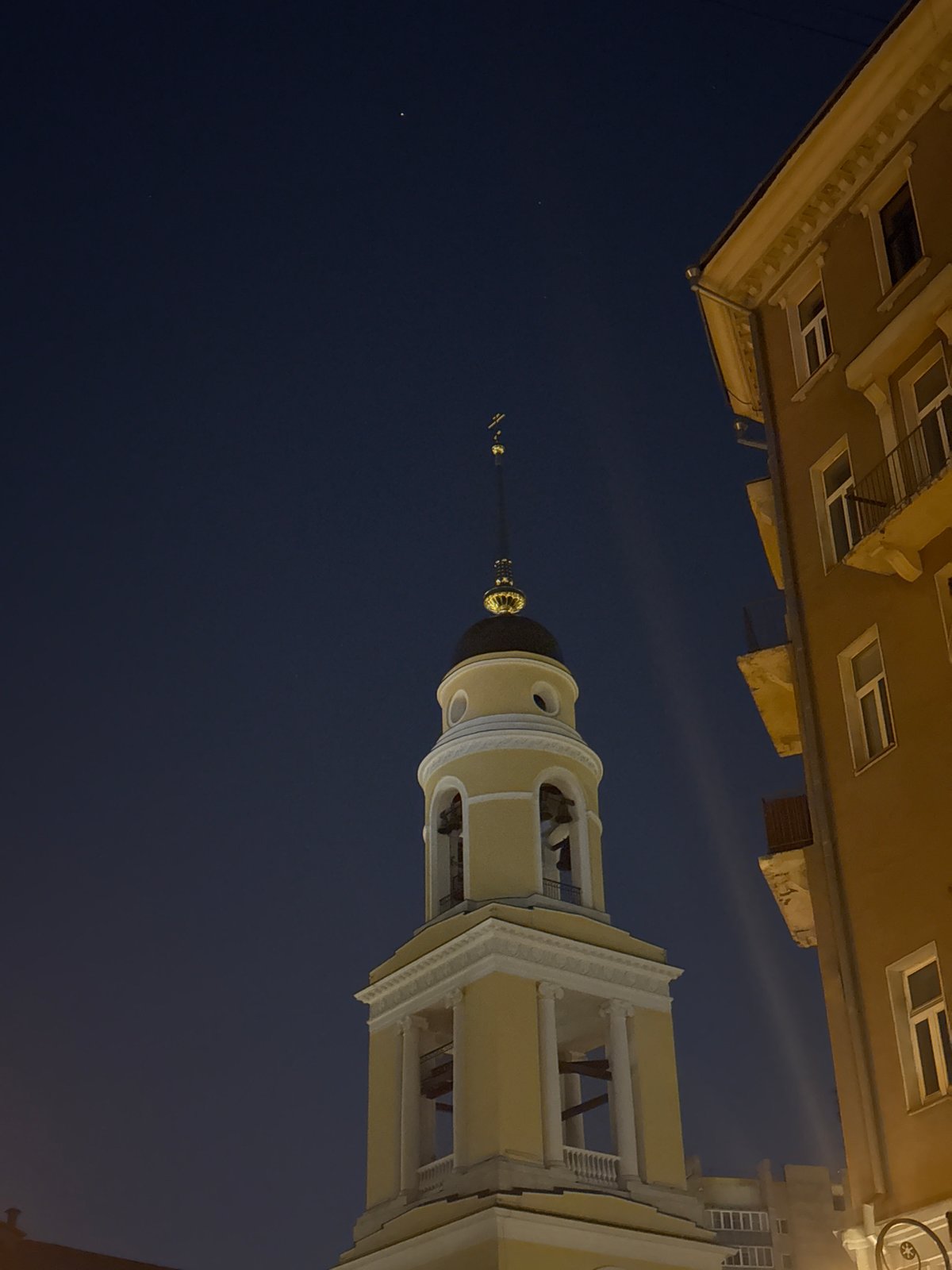 Historic Moscow bell tower photographed at night