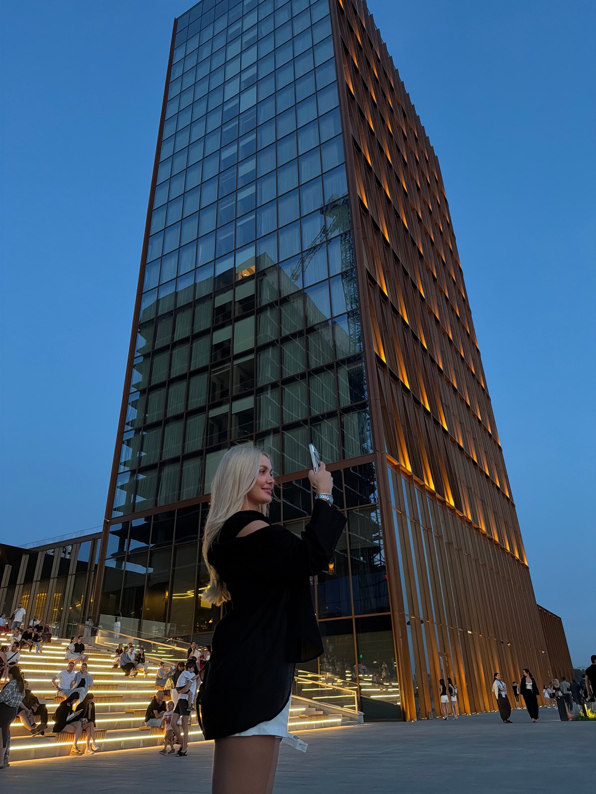 Evening gathering at modern Kazan building draws small crowds