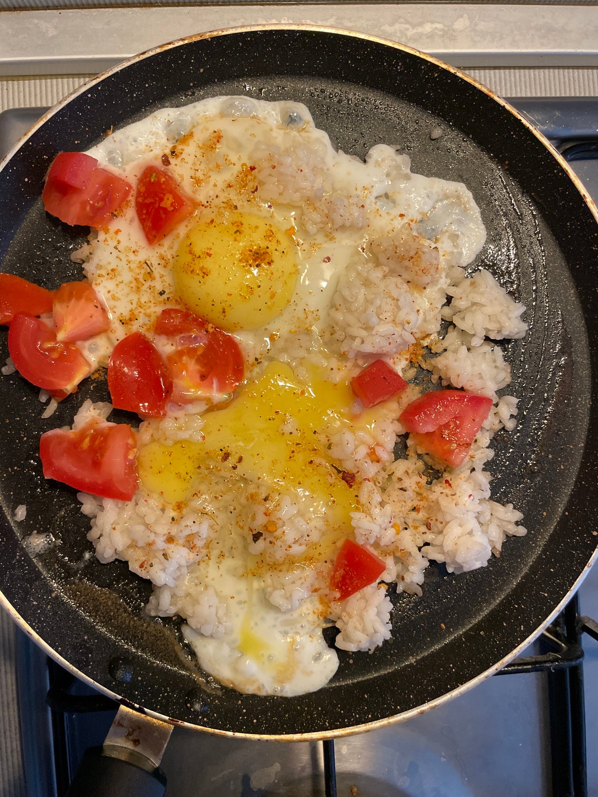 Rice, eggs, and tomatoes cooked up in a Sochi kitchen