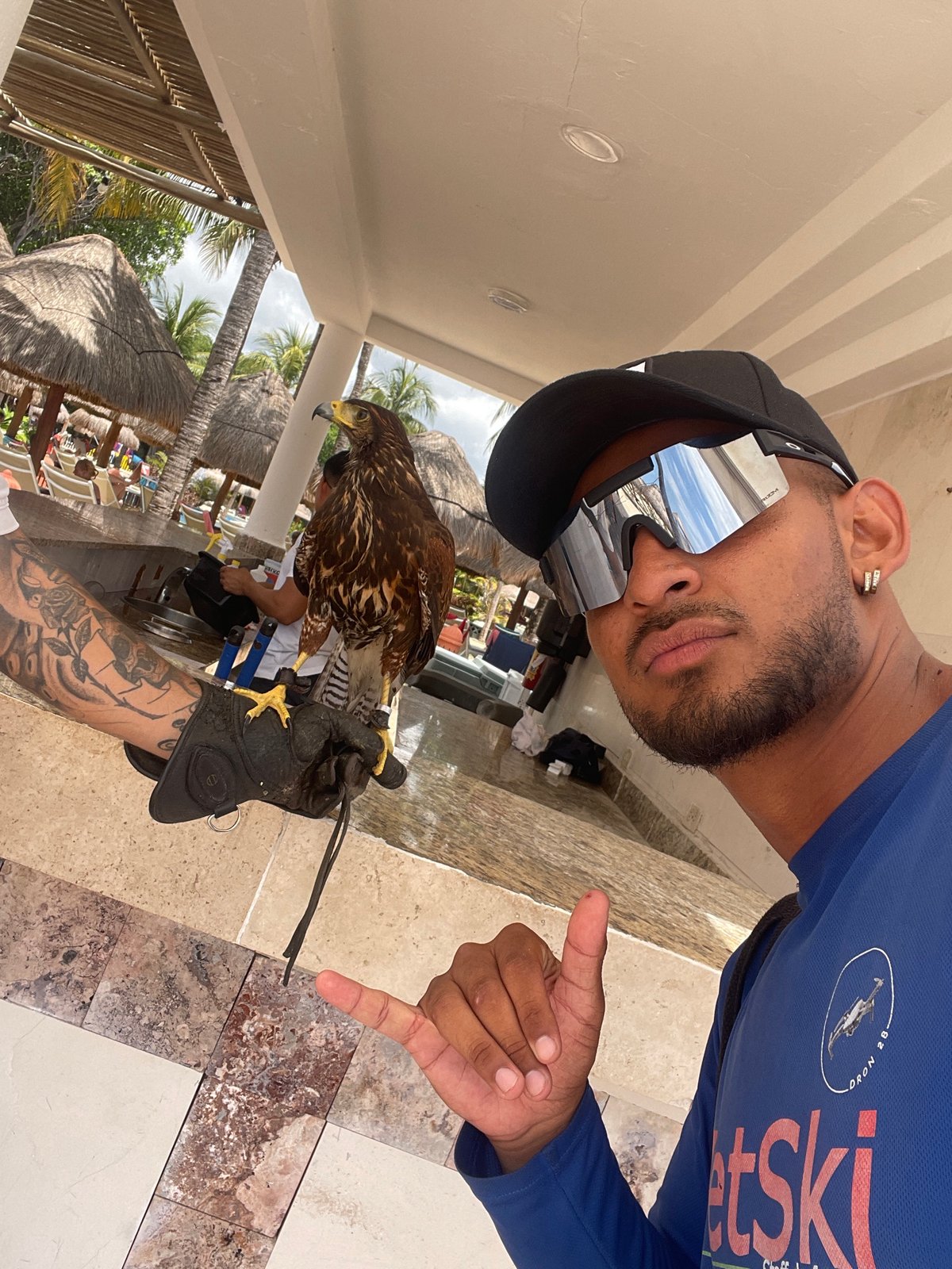 Tattooed man handles Harris's hawk at Playa del Carmen resort