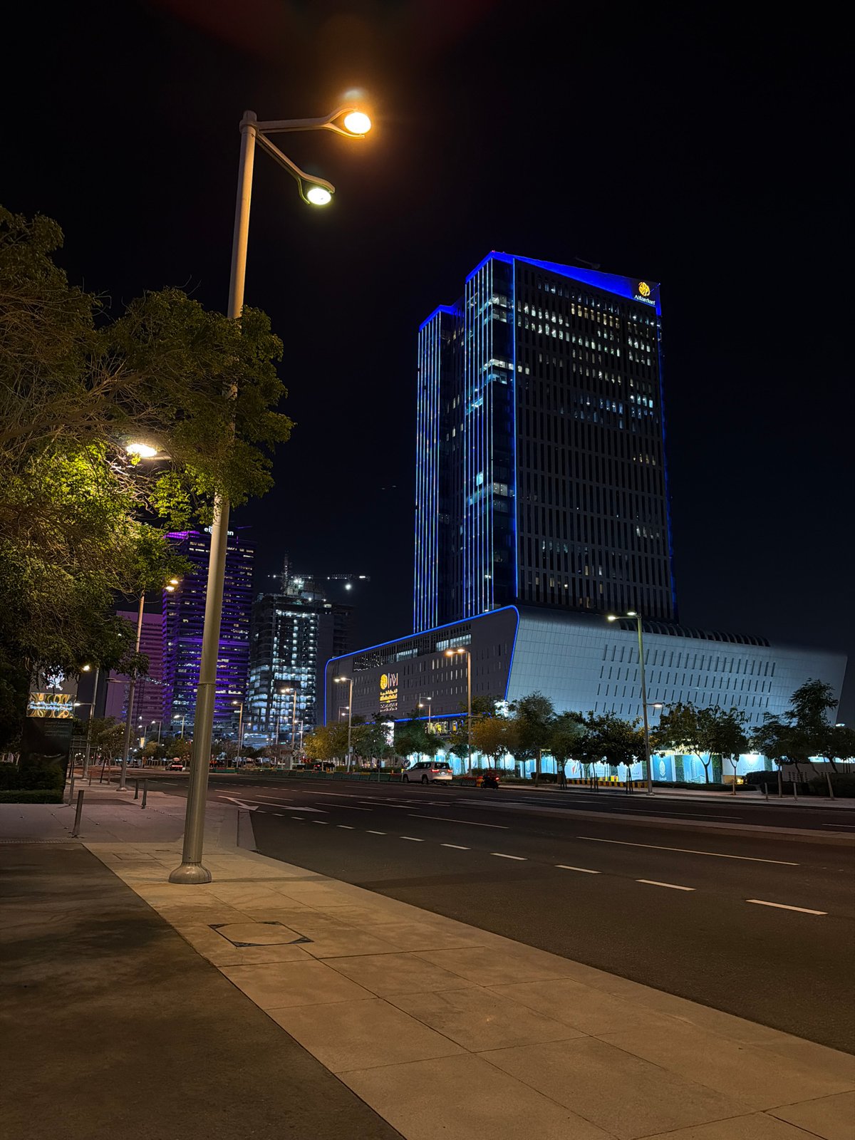 Evening documentation captures illuminated modern architecture across Lusail, Qatar
