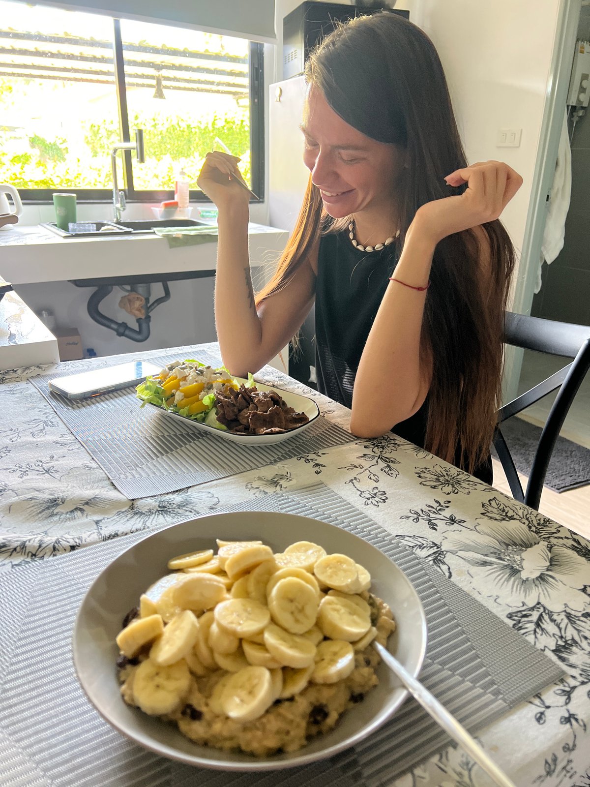 Woman enjoys healthy breakfast in บ้านบางรักษ์, Thailand