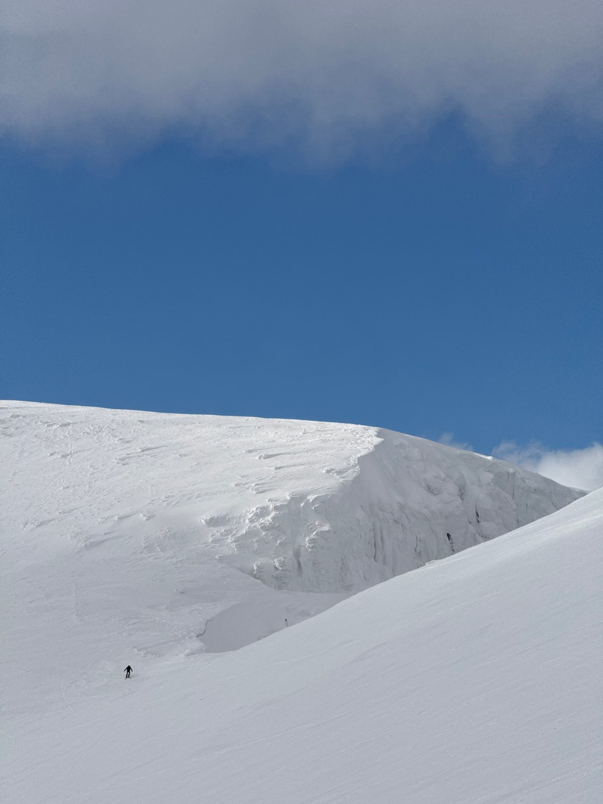 Winter mountain scene with skier and tracks captured