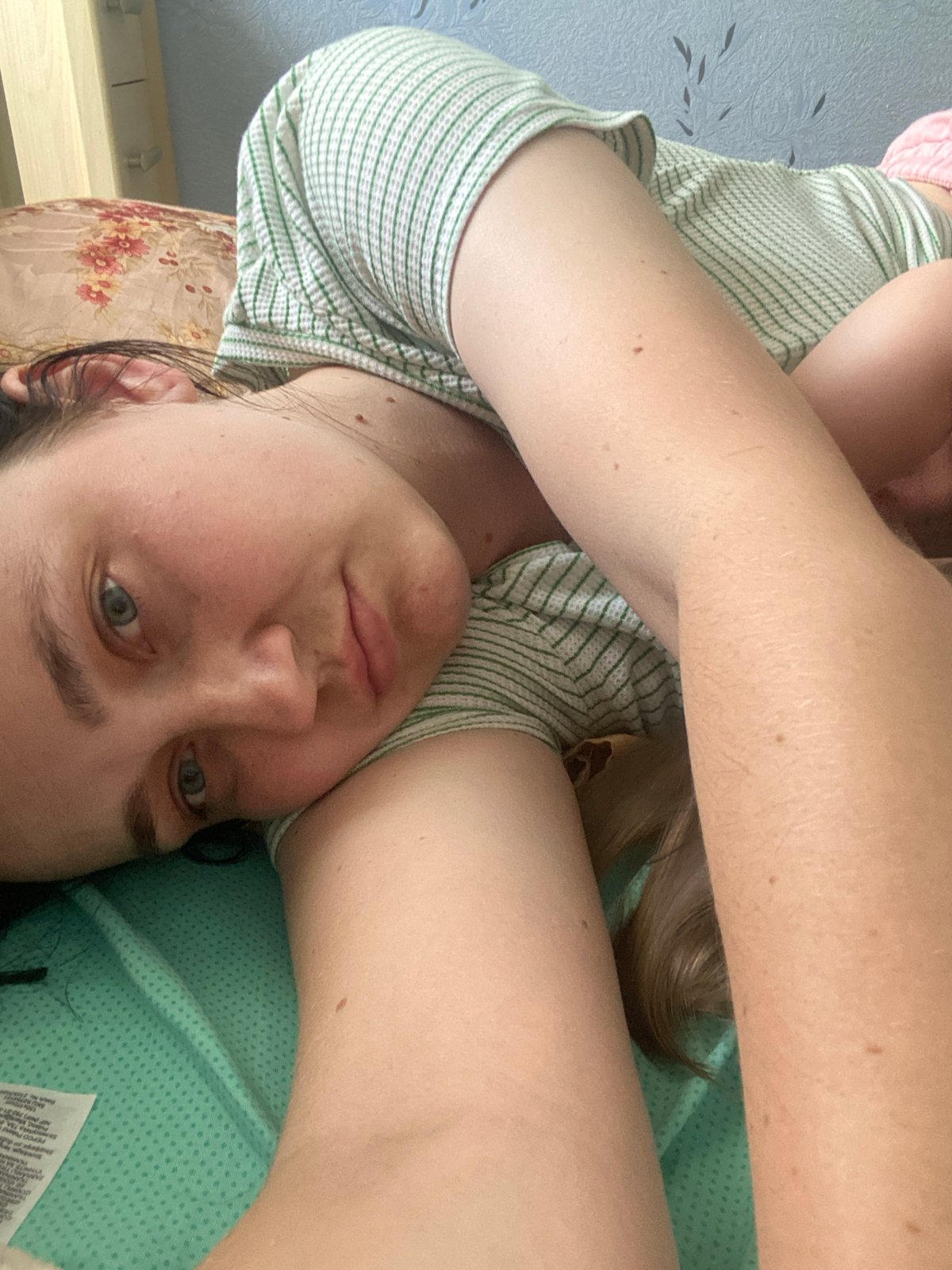 Afternoon selfie session at home, green striped shirt throughout